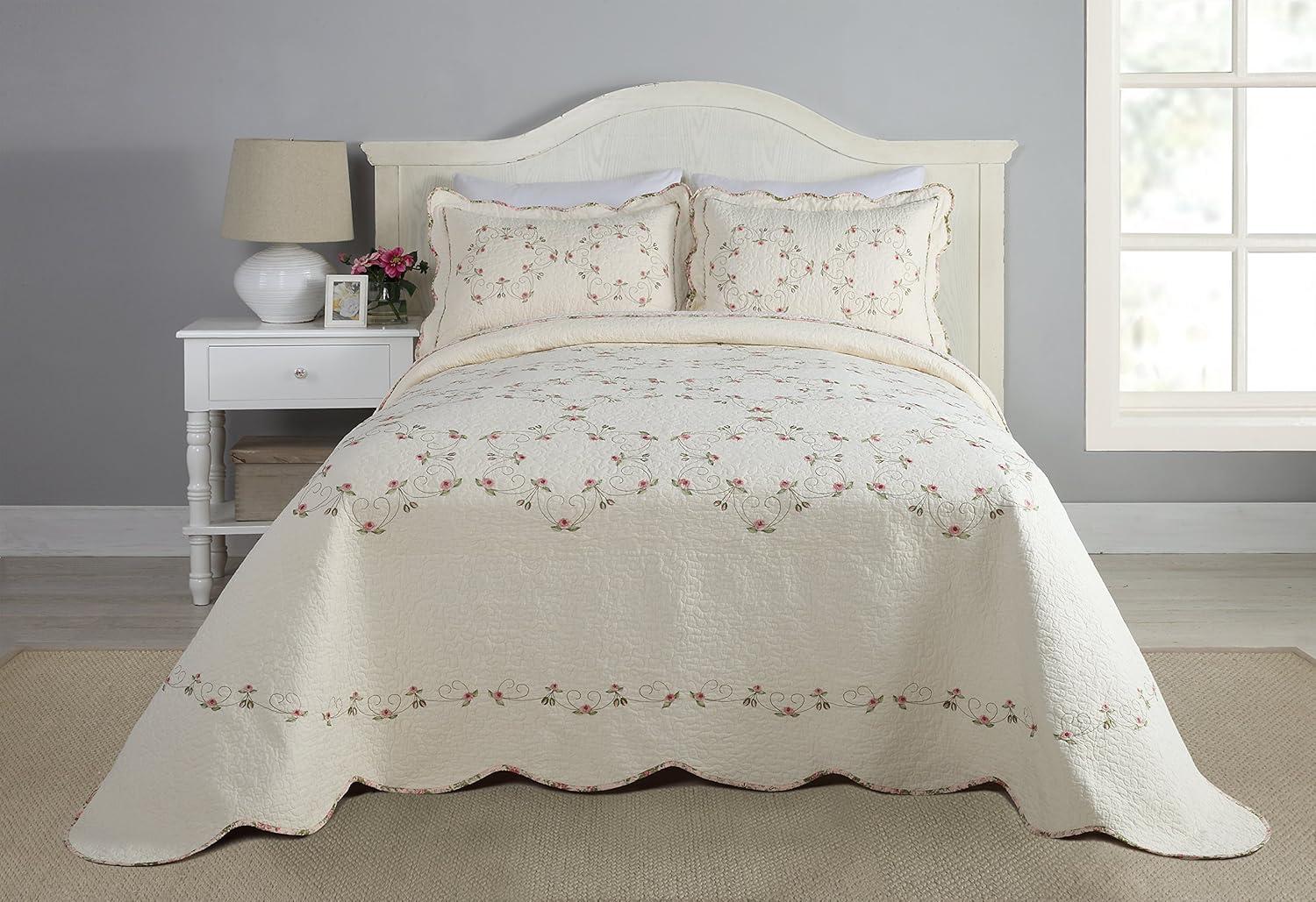 King Pink Cotton Reversible Embroidered Bedspread