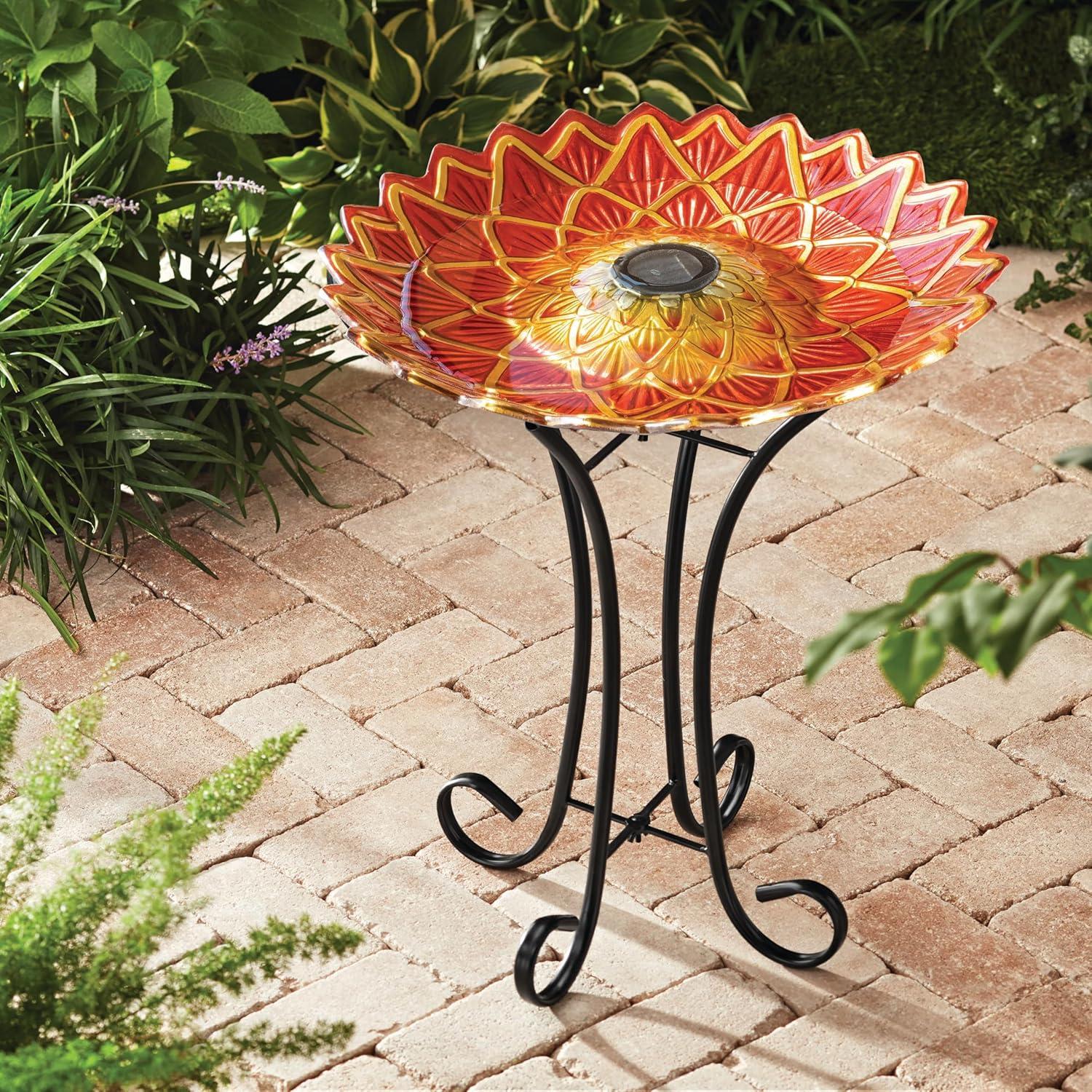 Teamson Home 17.8" Dahlia-Shaped Fusion Glass Birdbath with Solar-Powered Light