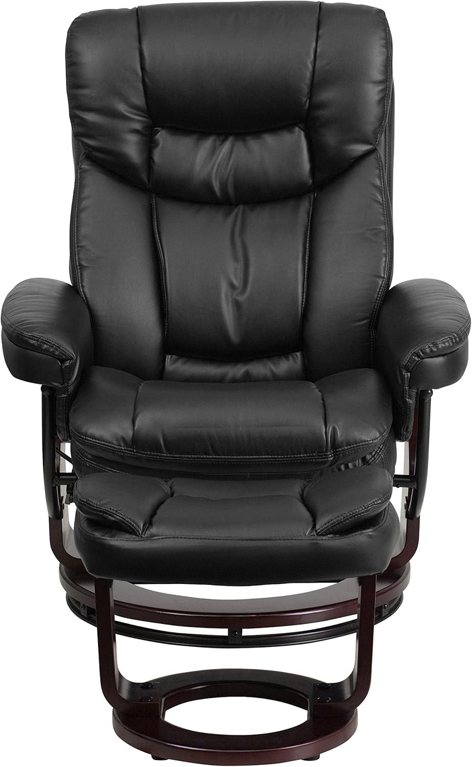 Flash Furniture Contemporary Multi-Position Recliner and Curved Ottoman with Swivel Mahogany Wood Base in Black LeatherSoft