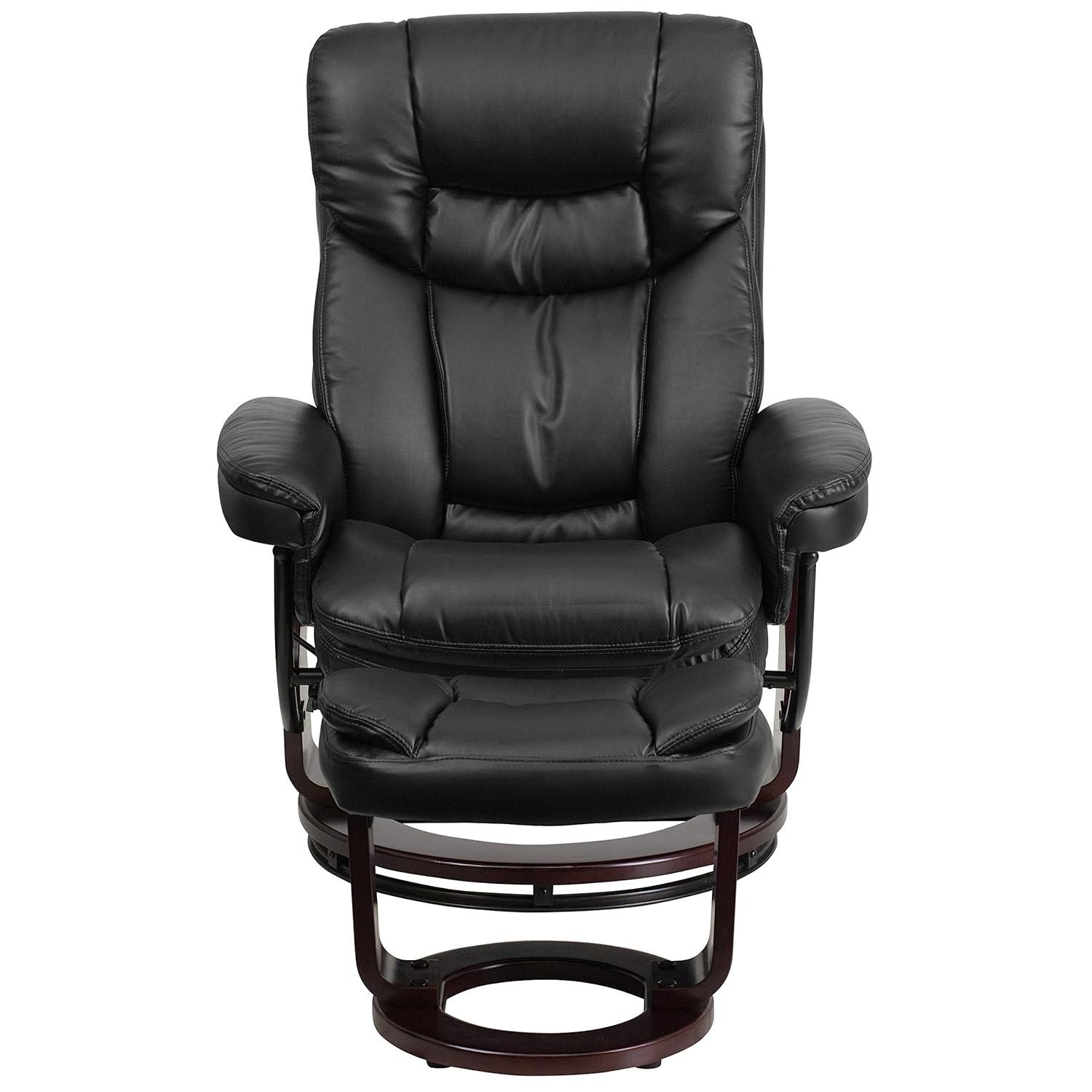 Flash Furniture Contemporary Multi-Position Recliner and Curved Ottoman with Swivel Mahogany Wood Base in Black LeatherSoft