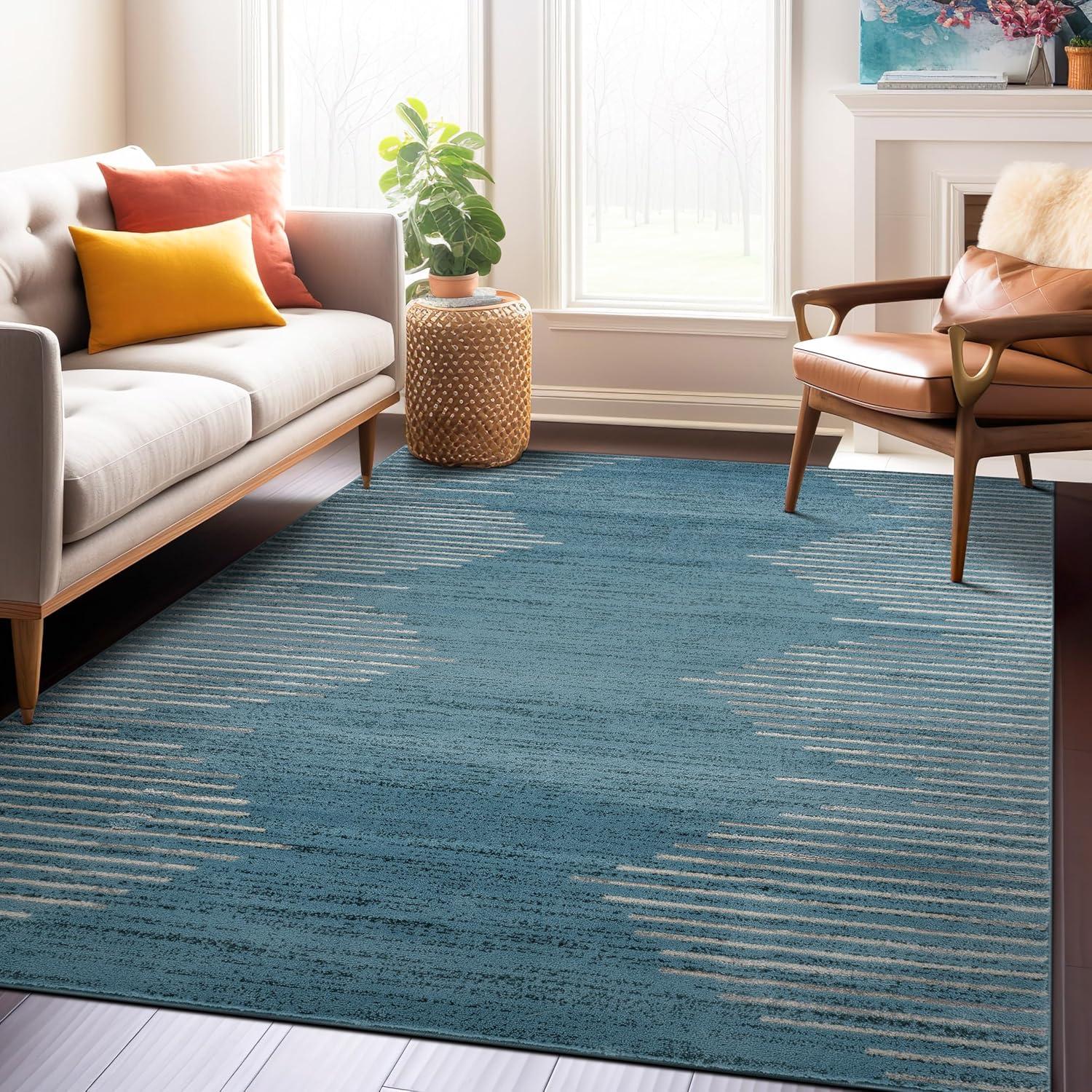 Blue 5' x 7' Geometric Stripe Synthetic Area Rug