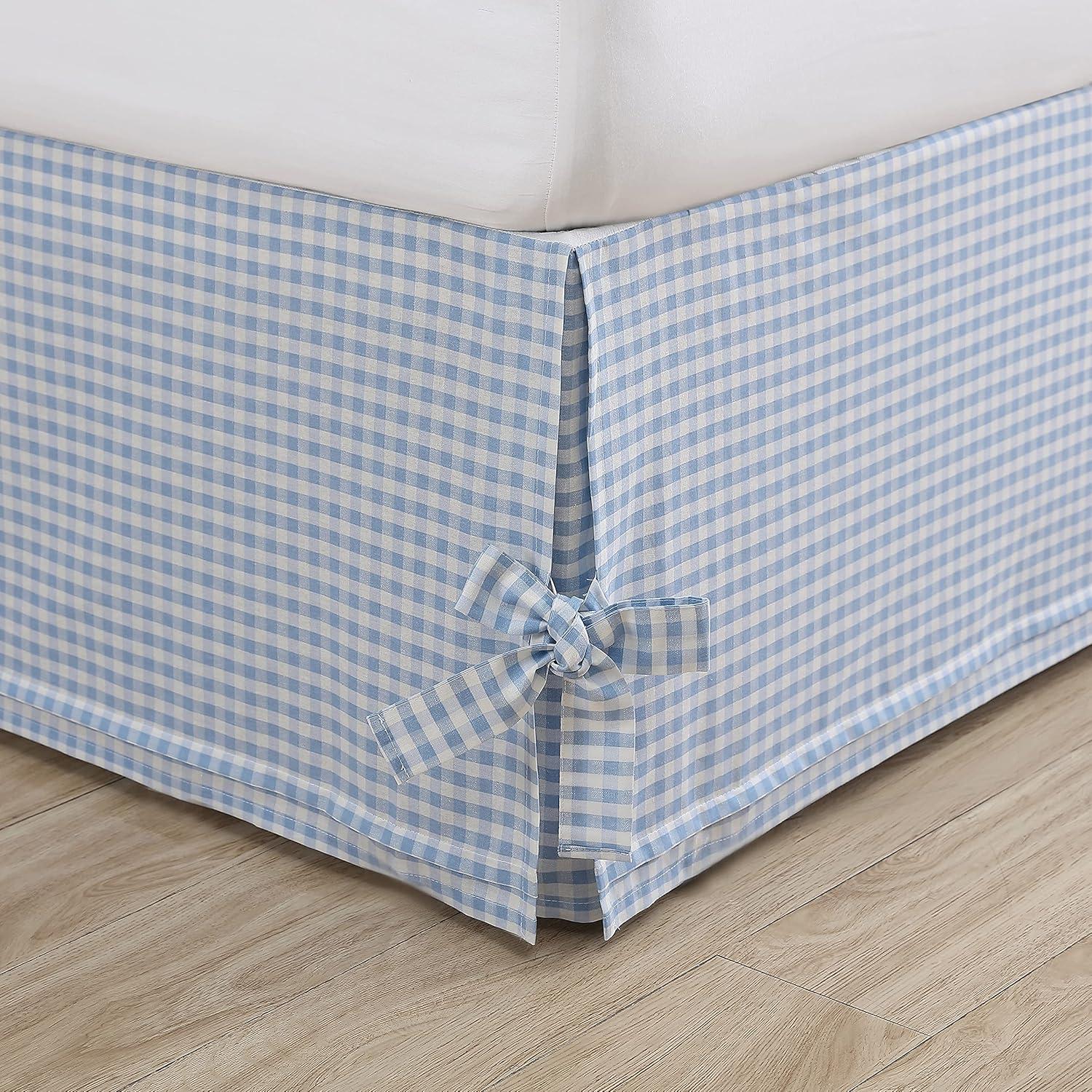 Laura Ashley Hedy Blue/White Check 100% Cotton Tailored Bed Skirt 14.5" drop