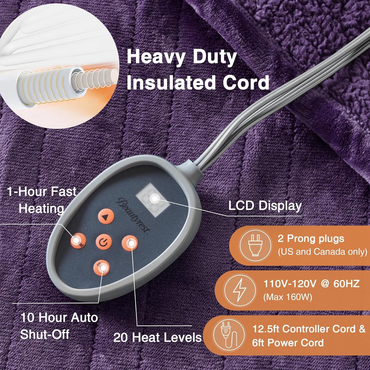 Beautyrest Electric Blanket, Soft, Warm, Reversible Plush - Sherpa Heating Blanket with 20 Heat Settings, 1-10 hrs Timer Auto Shut Off, Machine Washable, Full (84 inx80 in), Purple