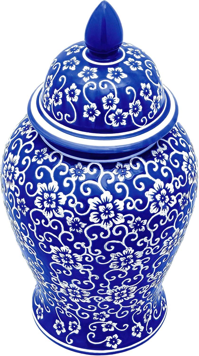 18" White Flowers on Blue Temple Jar