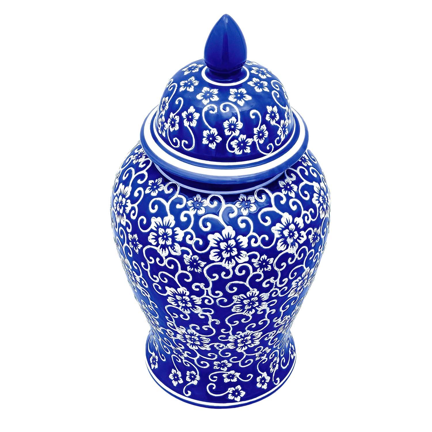 18" White Flowers on Blue Temple Jar
