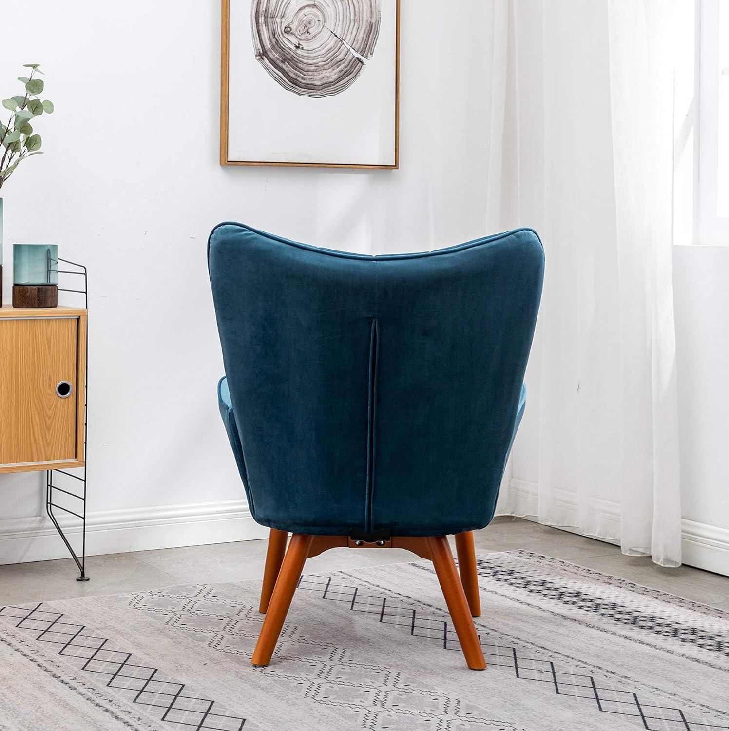 Carson Carrington  Aasen Silky Velvet Tufted Accent Chair with Ottoman Round Arms Arm Chairs Blue Rubberwood, Fabric