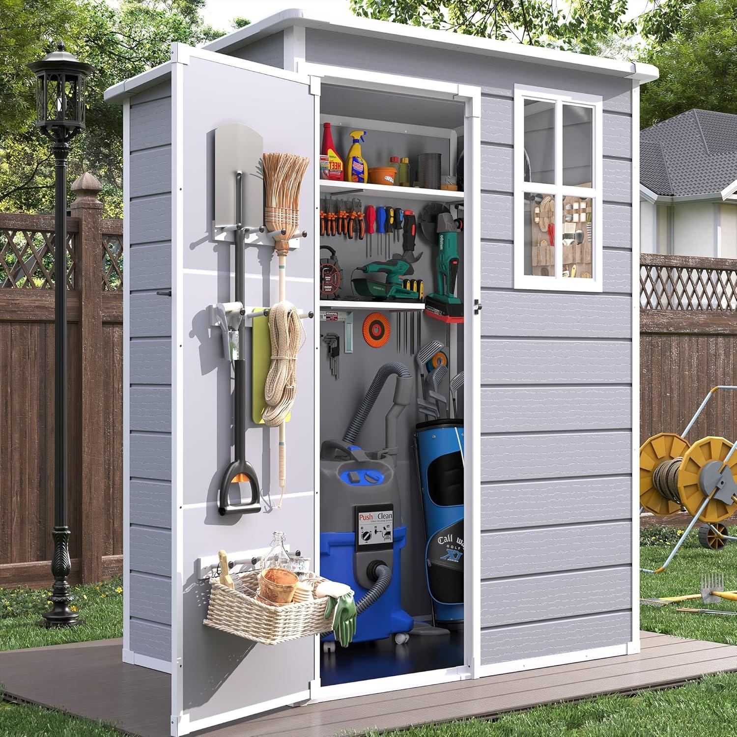 Aiho 5' x 3' Outdoor Storage Shed, Resin Storage House  with Lockable Door for Backyard , Gray