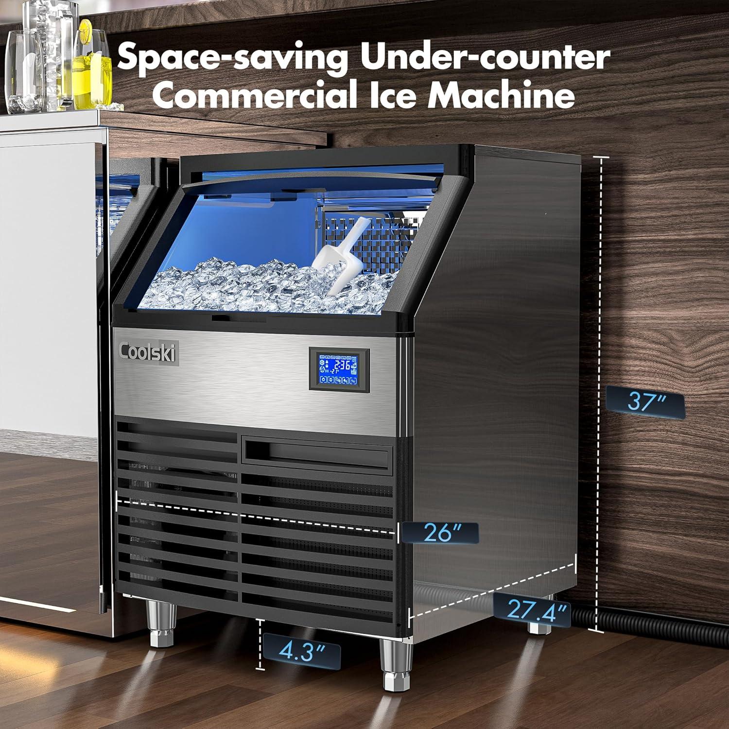 Coolski Commercial Ice Maker 200lbs/24h, 26’’ Under Counter Ice Machine with 80lbs Storage Capacity