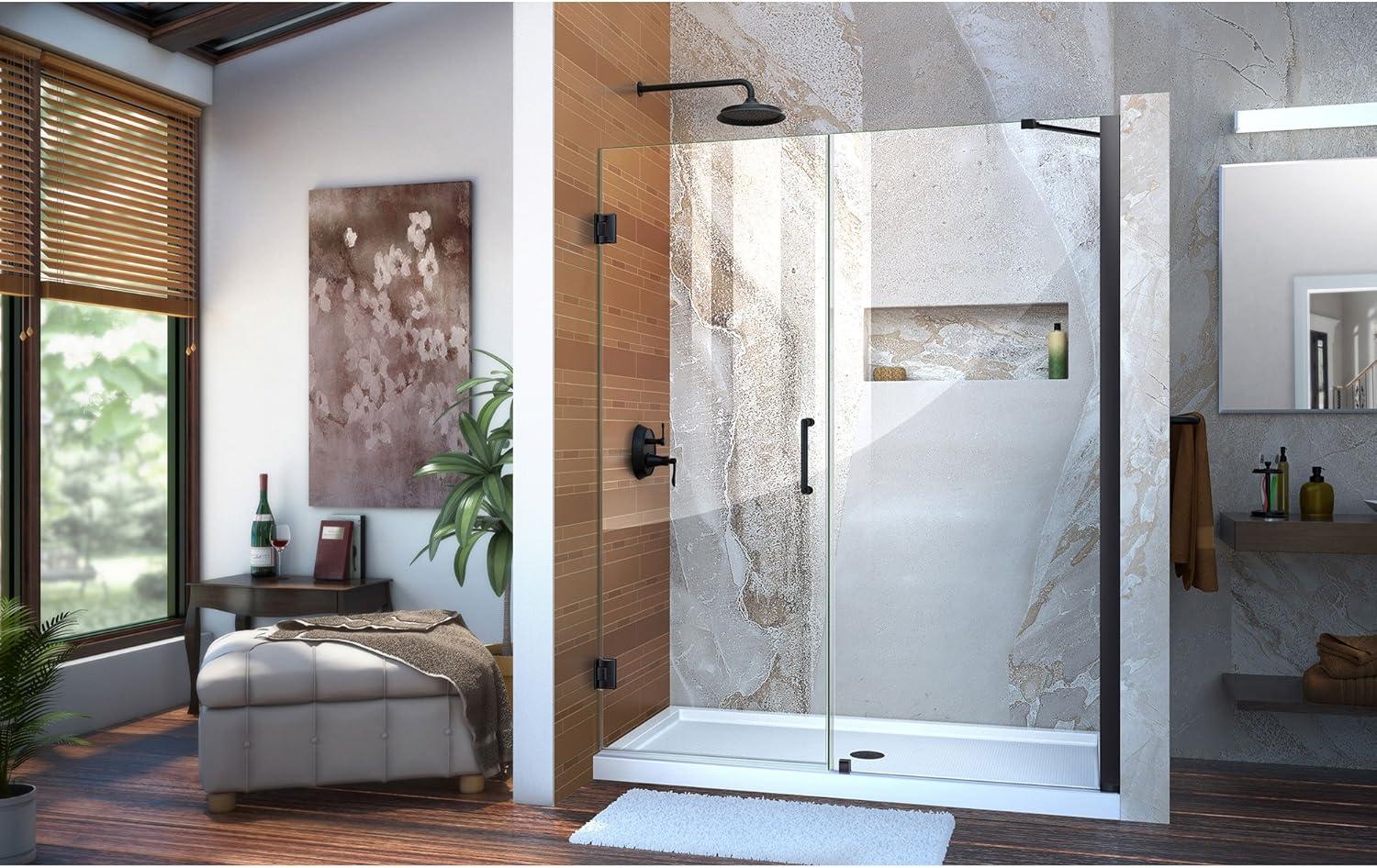 Unidoor 57" W x 72" H Hinged Frameless Shower Door and Fixed Panel with ClearMax Glass Treatment