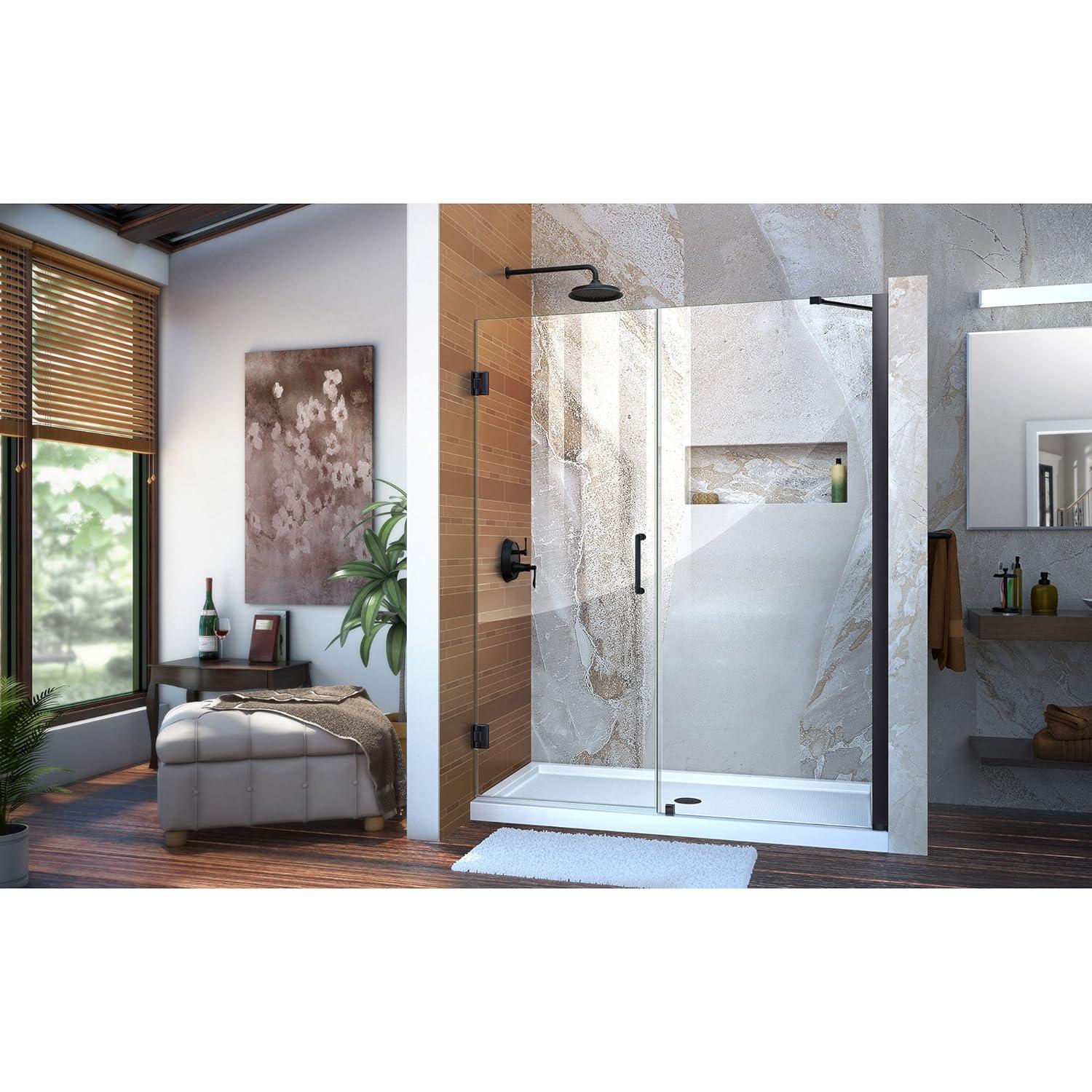 Unidoor 57" W x 72" H Hinged Frameless Shower Door and Fixed Panel with ClearMax Glass Treatment