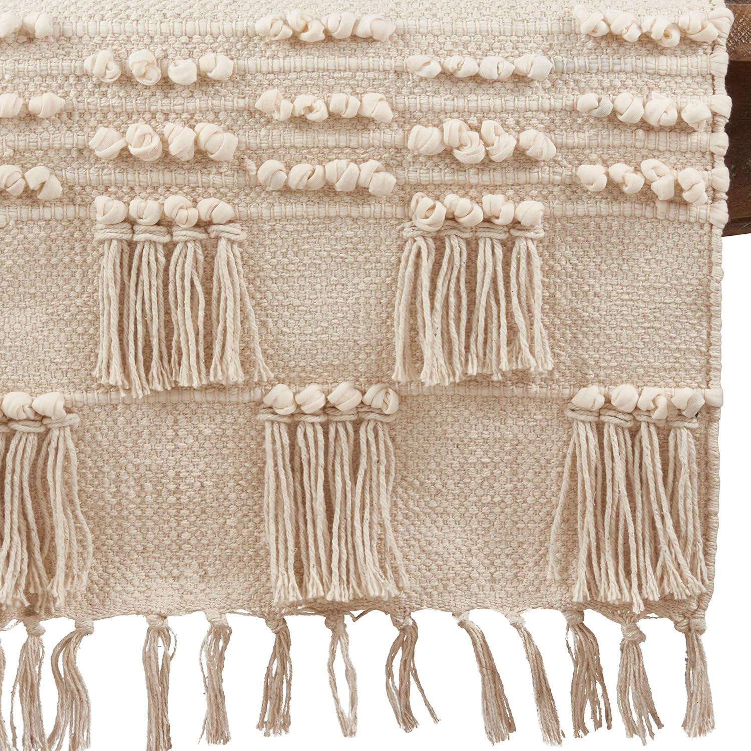 Beige Cotton Tassel Moroccan Table Runner, 16" x 72"