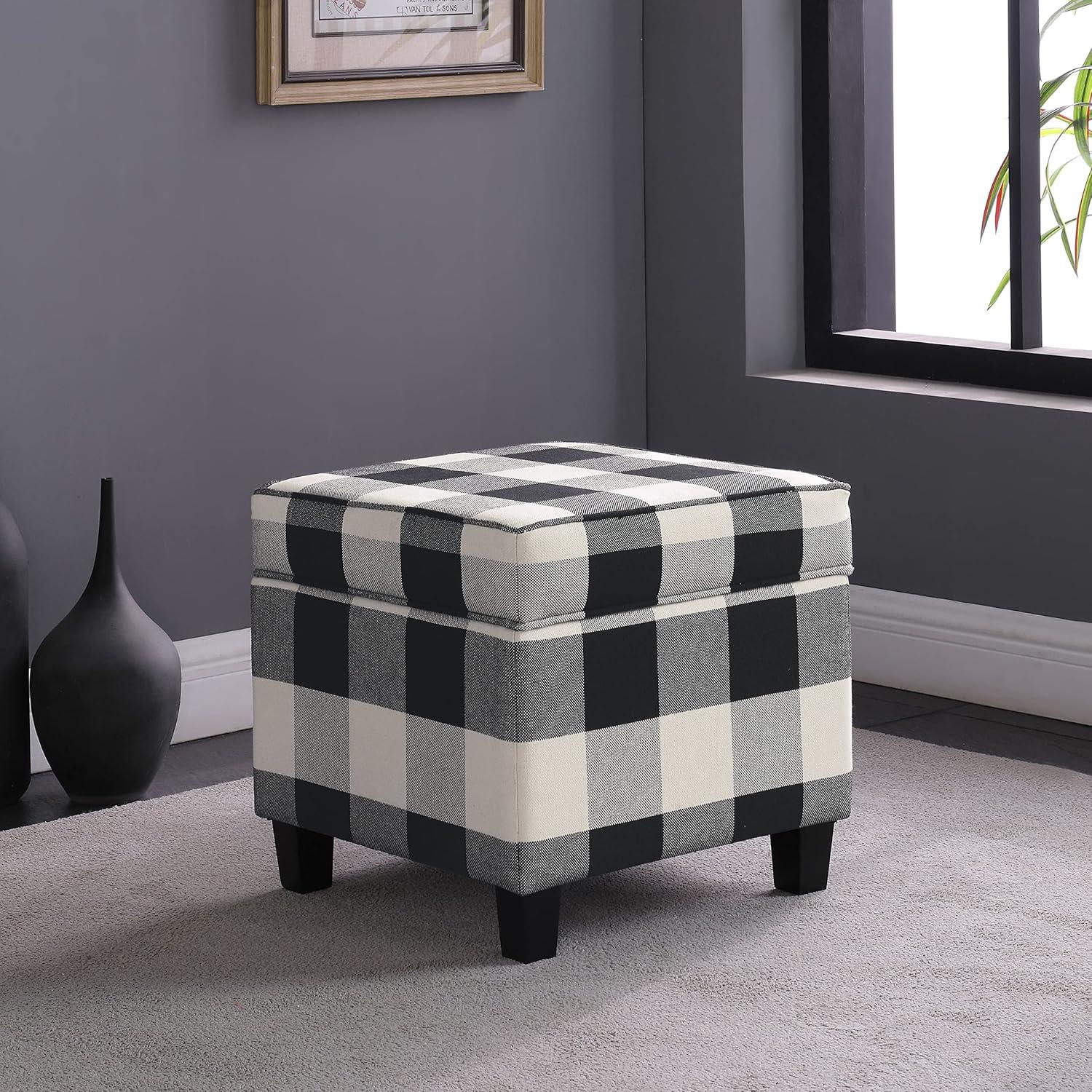 Cole Classics Square Storage Ottoman with Lift Off Top Black Plaid - HomePop: Cotton Upholstered, Hardwood Frame, Foam Fill