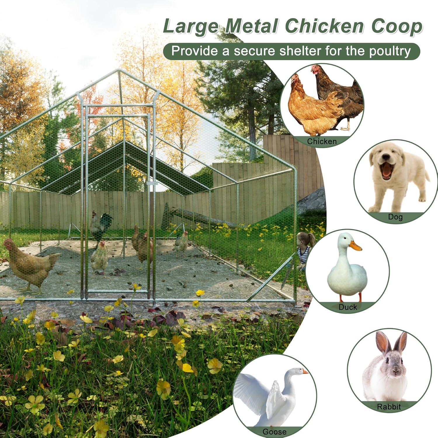 Outdoor Metal Chicken Coop Large Walk-in Poultry Cage Spire-Shaped Chicken Run with Waterproof and Anti-Ultraviolet Cover for Outside,Backyard and Farm ,13' L x 9.8' W x 6.4' H