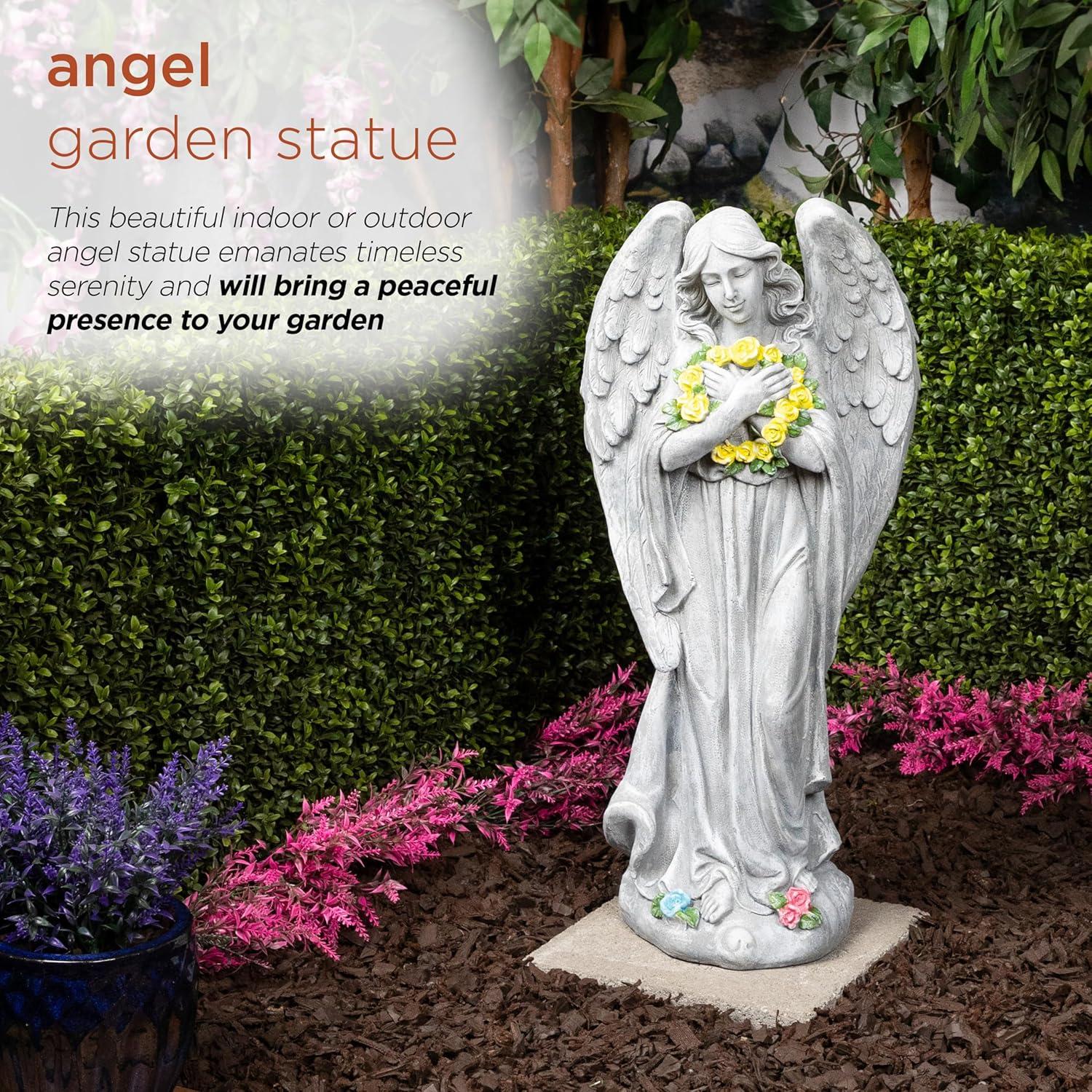 Alpine Corporation 29"H Angel with Yellow Flower Wreath Garden Statue