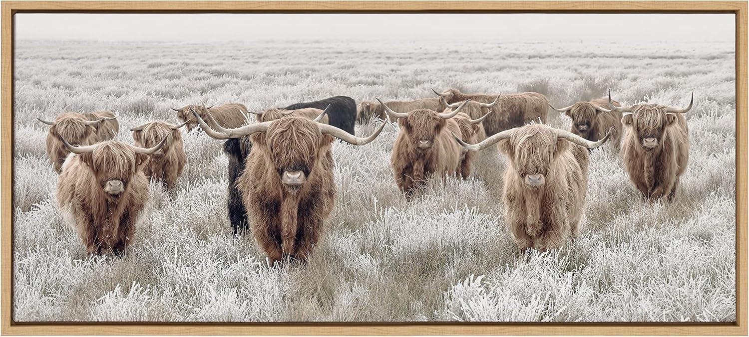 Herd of Highland Cows Natural Framed Canvas Print, 18x40