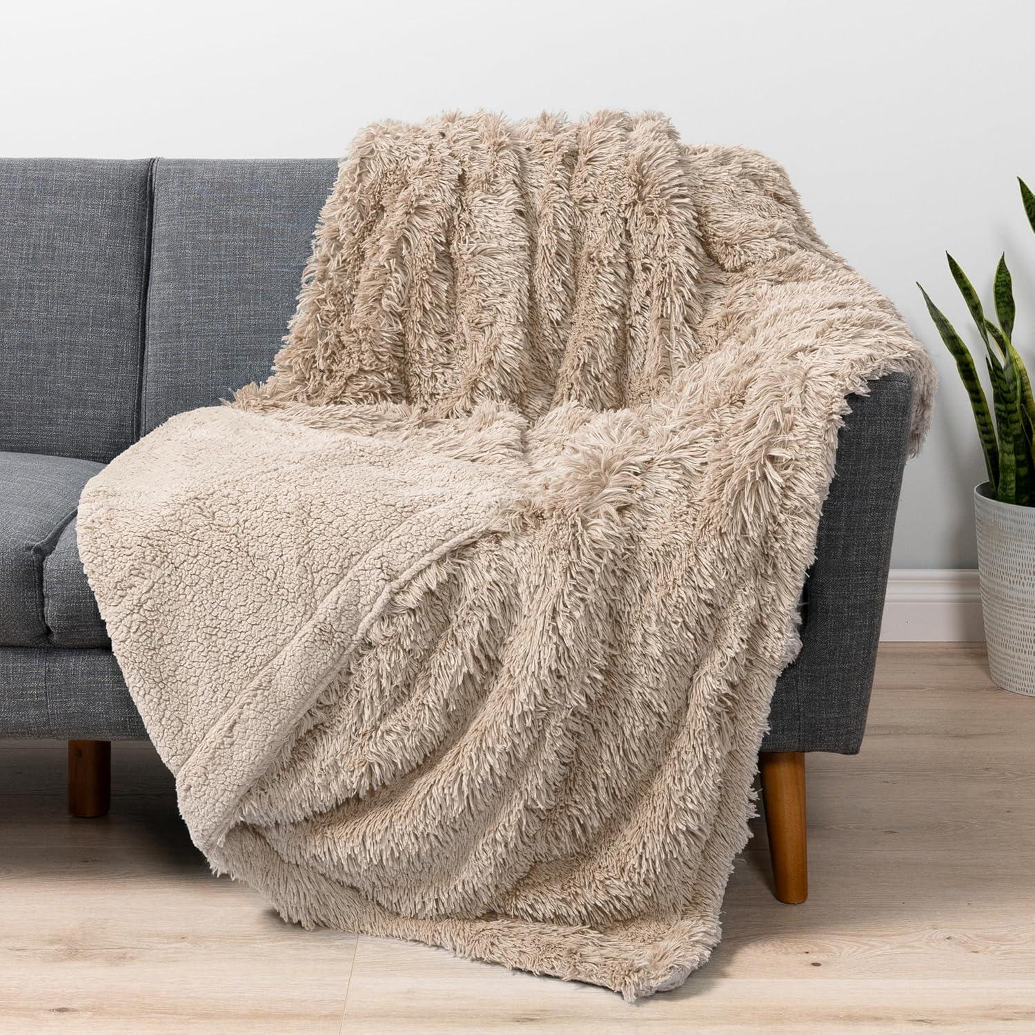 Taupe Reversible Faux Fur and Sherpa Throw Blanket, 50x60 Inches