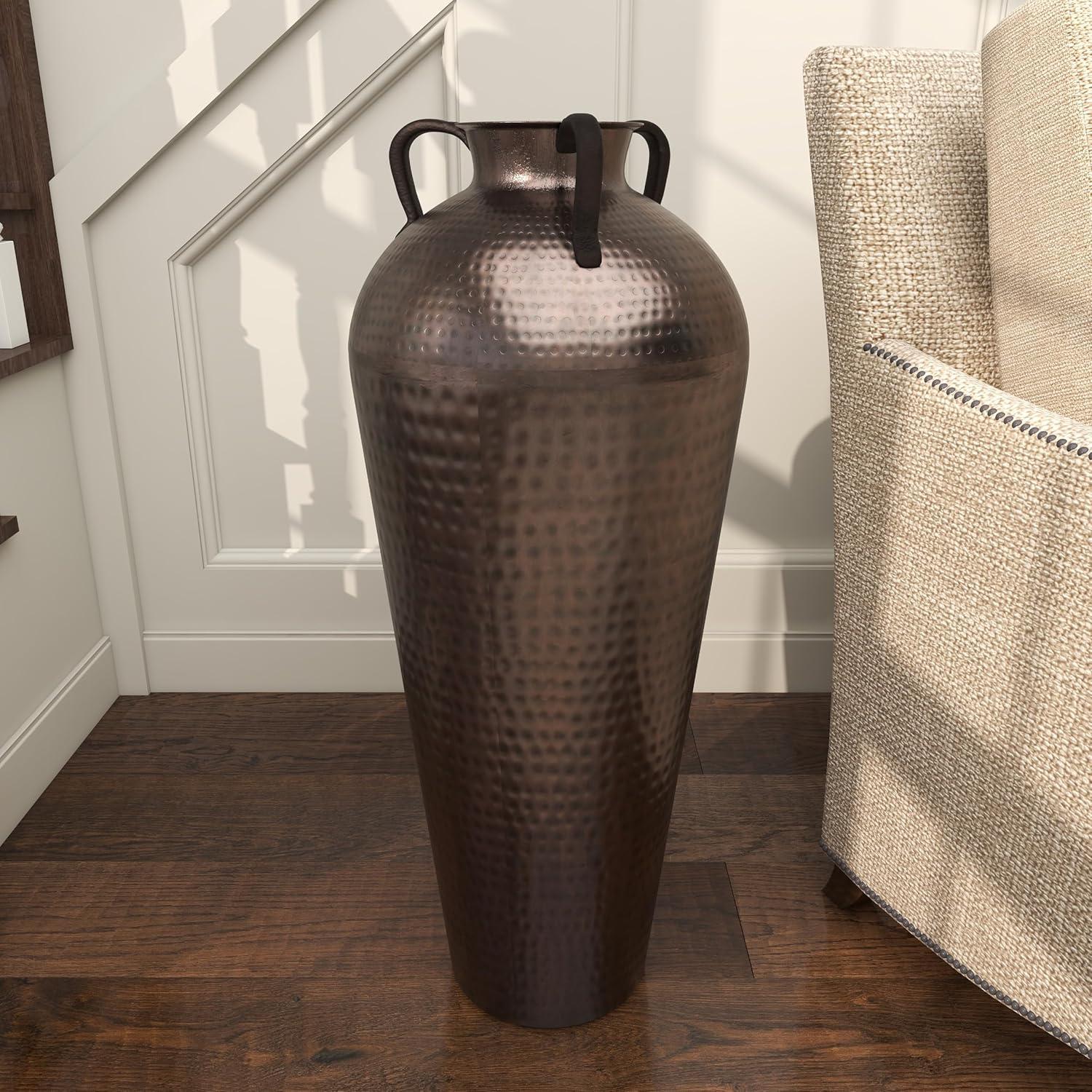 DecMode 32" Tall Floor Mediterranean Style Brown Metal Vase with Hammered Details and Handles