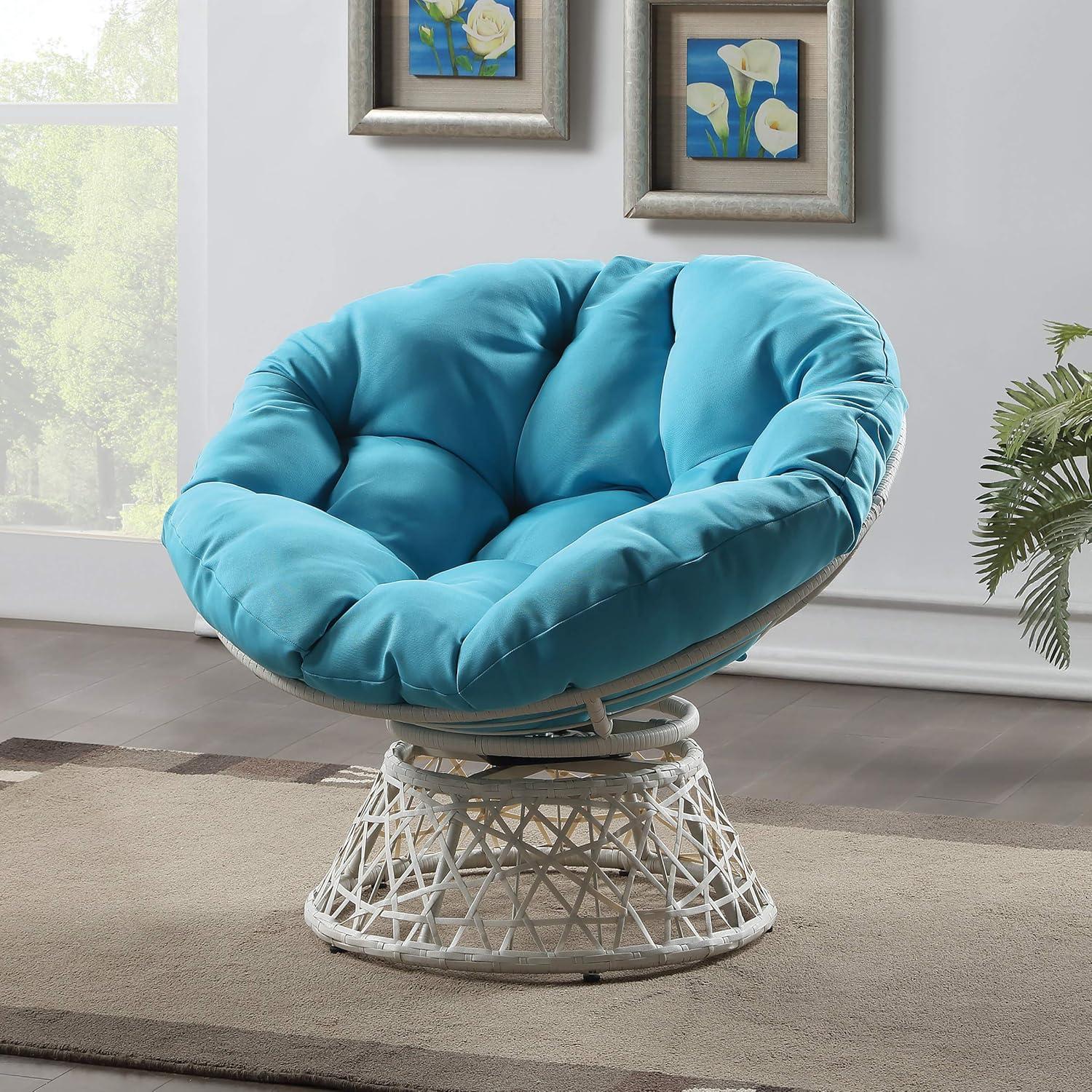 Office Star Products Papasan Chair with Round Pillow Cushion and Cream Wicker Weave Light Blue