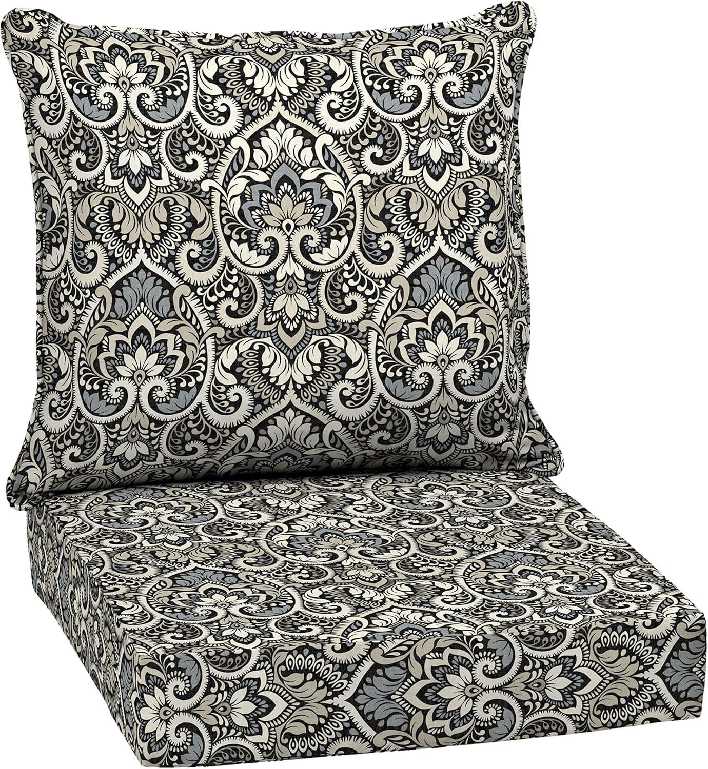 Arden 24"x24" Outdoor Deep Seat Set Black Aurora Damask: Water-Resistant, UV-Protected, Zippered Polyester Fiber Cushions