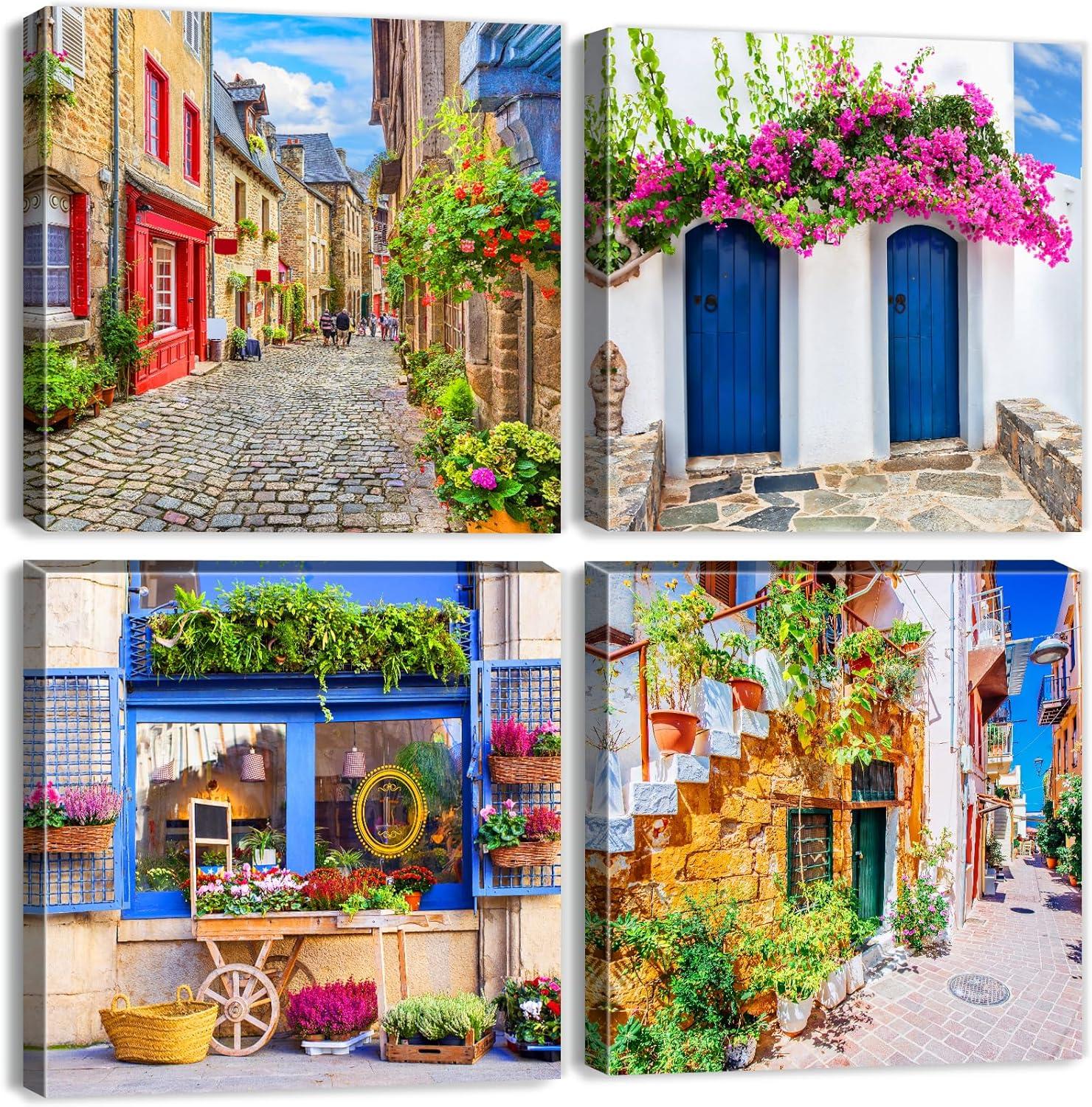 Italy Tuscan Wall Art, Colorful Nature Scenic Framed Pictures Canvas Prints, Modern Town Street Artwork Paintings for Living Room, Bedroom, Office Wall Decor