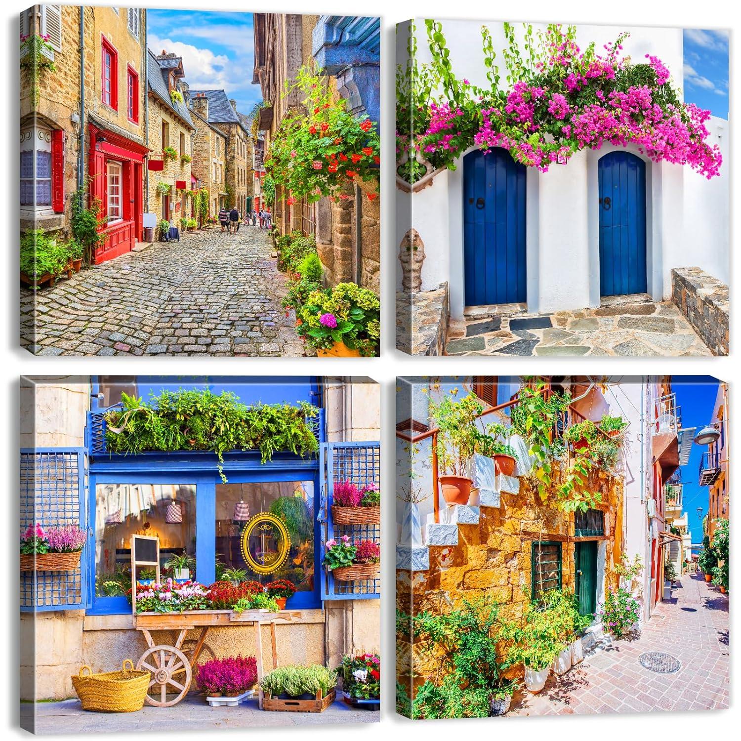 Italy Tuscan Wall Art, Colorful Nature Scenic Framed Pictures Canvas Prints, Modern Town Street Artwork Paintings for Living Room, Bedroom, Office Wall Decor