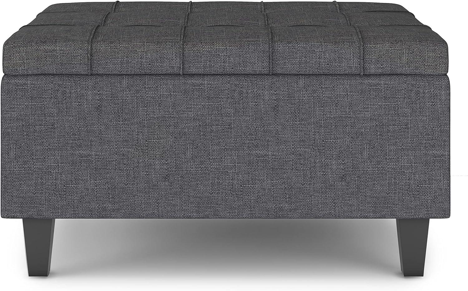 Simpli Home Harrison Small Coffee Table Storage Ottoman in Slate Grey Linen Look