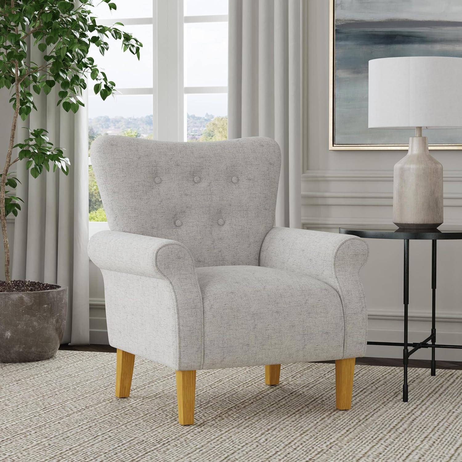 Neutral Gray Textured Rolled Arm Accent Chair with Wood Legs