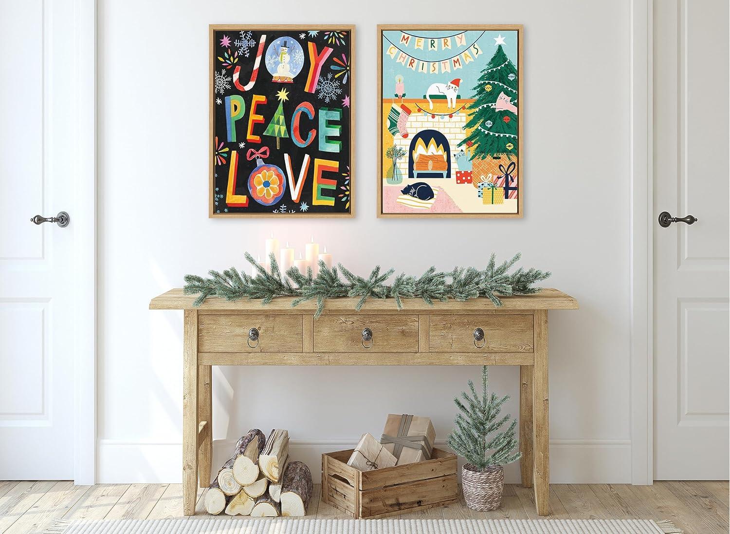 Kate and Laurel Sylvie TG Christmas Cats Framed Canvas Wall Art by Tania García, 18x24 Natural, Colorful Christmas Animal Art for Wall