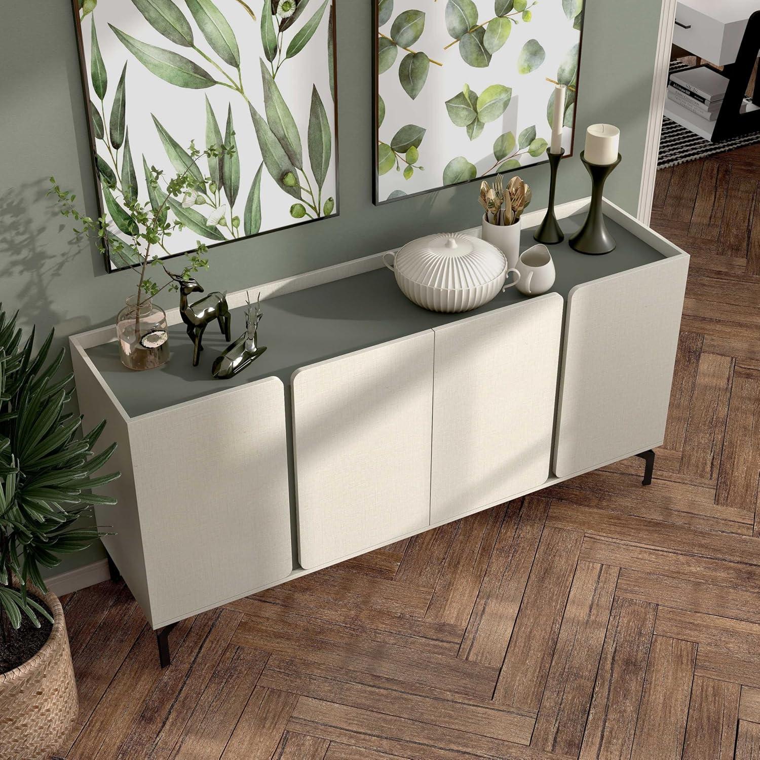 Cream Weave & Sage Green Modern Sideboard Buffet with Metal Legs