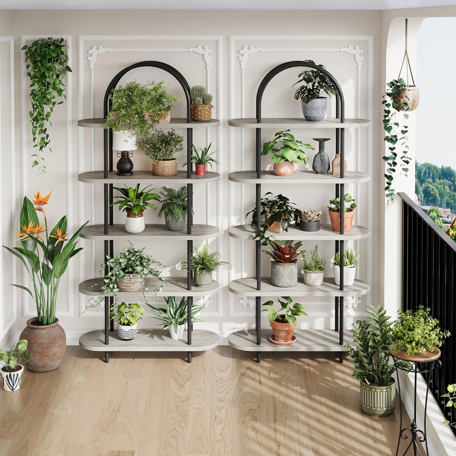 Black and Retro Five-Tier Arched Metal and Wood Bookshelf