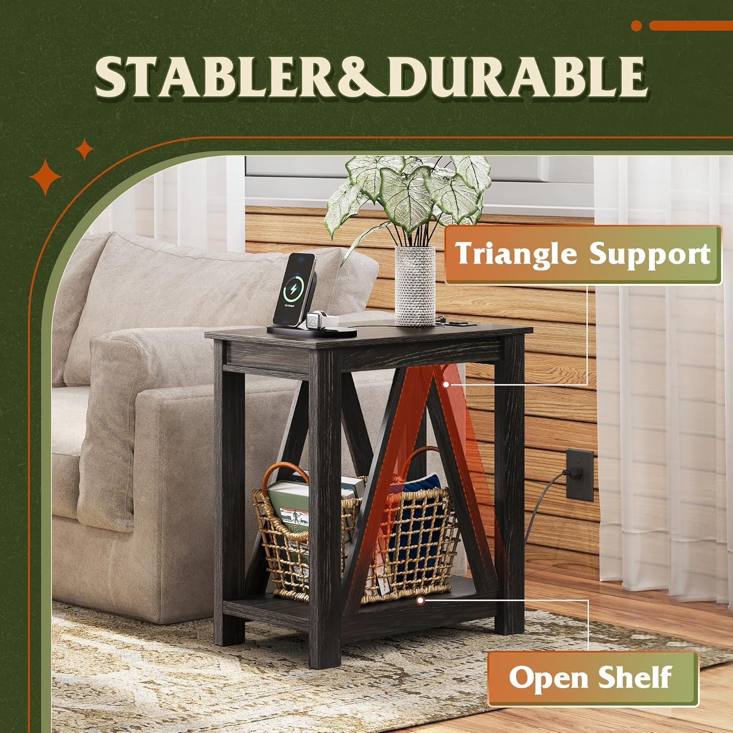 Charcoal Black Wooden End Table with Charging Station and Open Shelf