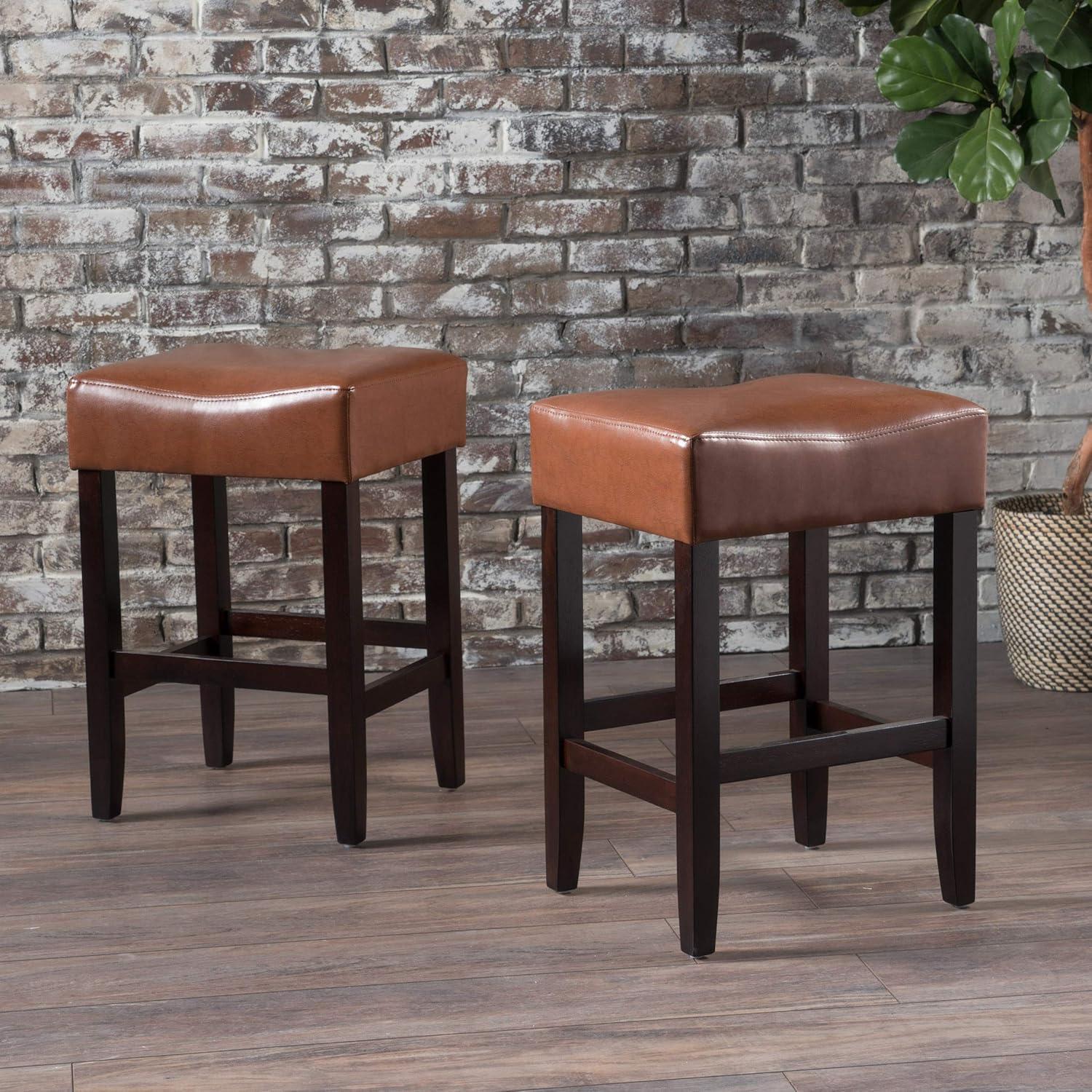 Hazelnut Faux Leather Backless Counter Stools with Espresso Legs, Set of 2