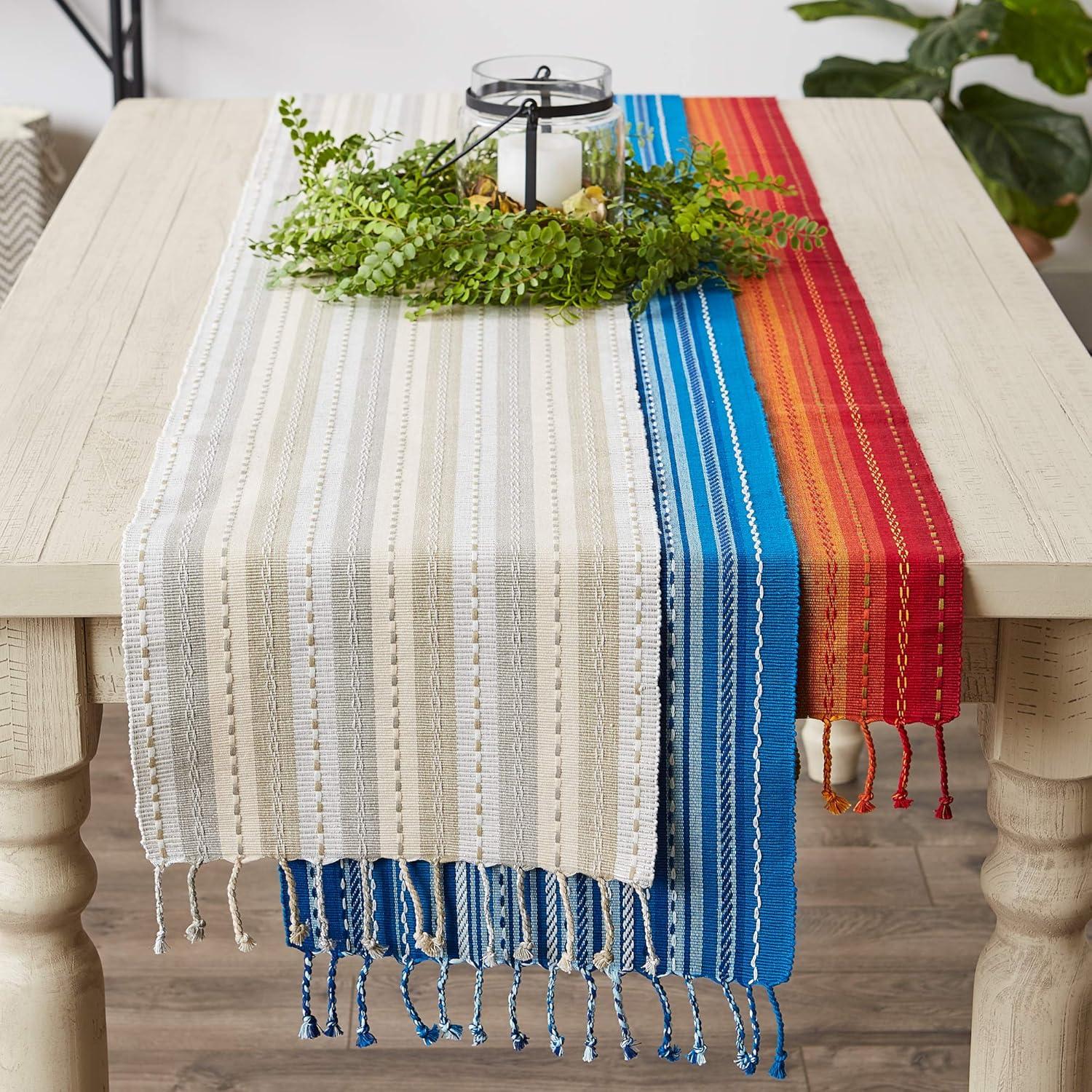 DII 14x72" Modern Cotton Tonal Stripe with Fringe Table Runner in Natural