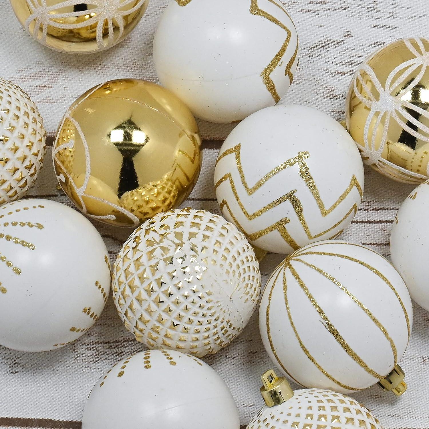 Gold and White Shatterproof Plastic Christmas Ball Ornaments Set