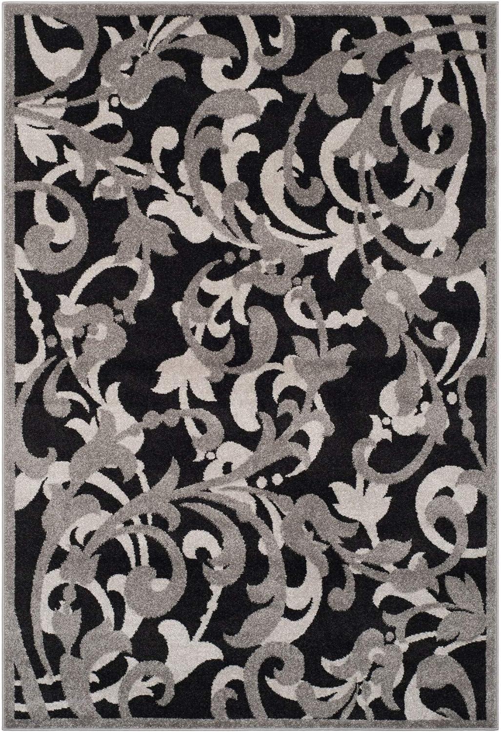 Reversible Anthracite & Light Grey Floral Synthetic 4' x 6' Area Rug