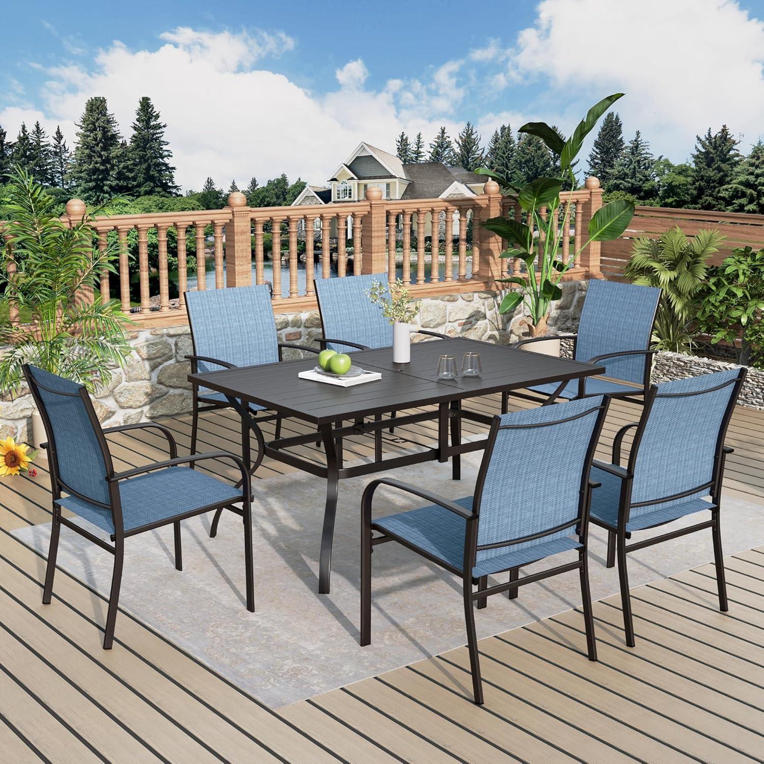 Summit Living 7-Piece Outdoor Patio Dining Set with Rectangle Steel Table with Wooden Tabletop & Textilene Chairs for 6-Person, Black & Blue