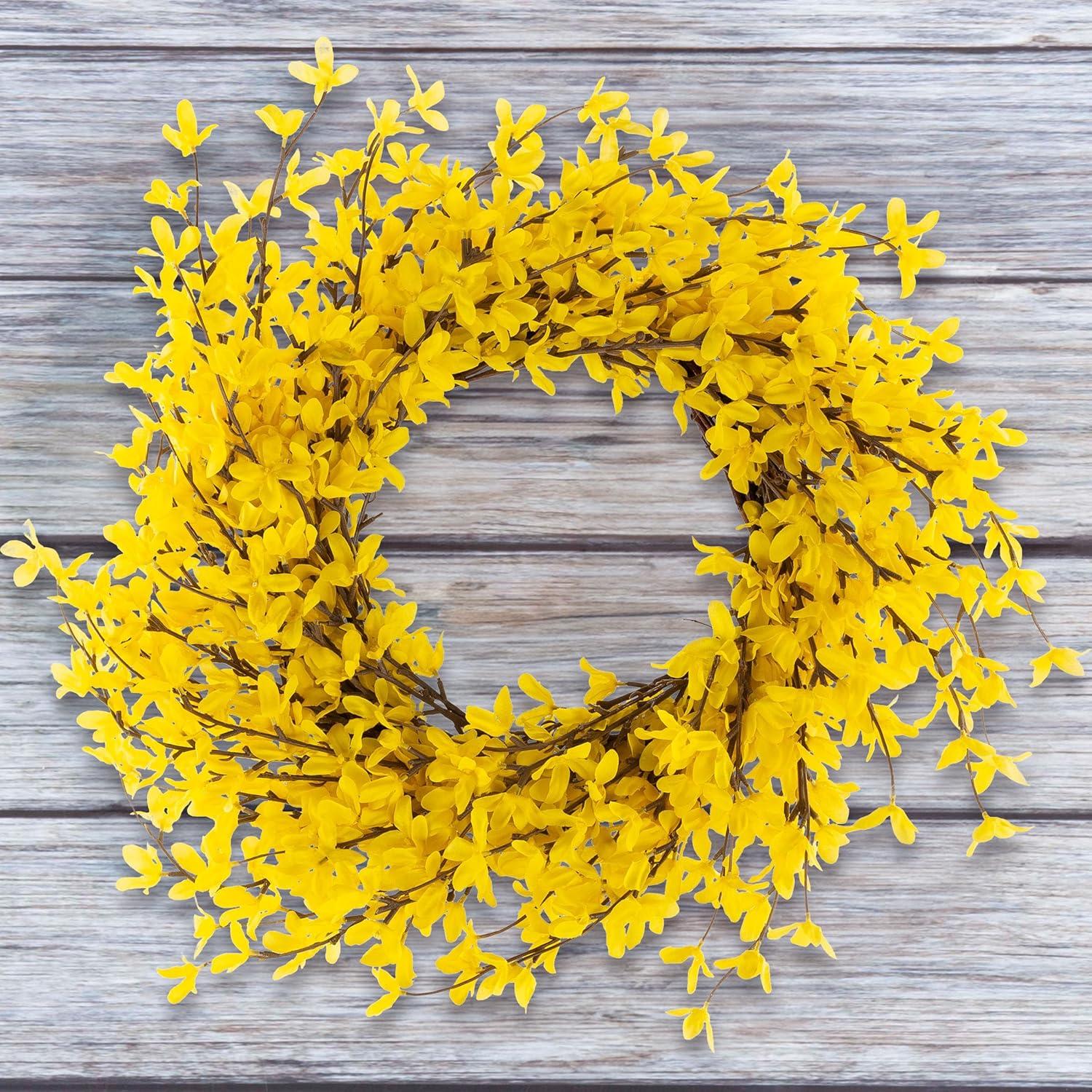 Pure Garden Set of Two 24-Inch Artificial Forsythia Wreaths for Home Decor