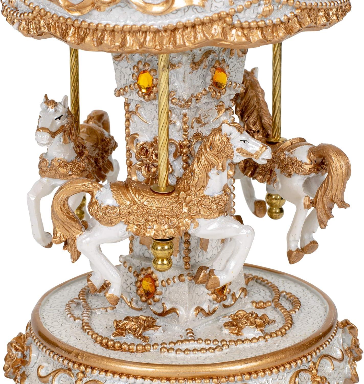 Gilded Gold Tone Horses Musical Carousel 10 inch Rotating Figurine Plays Tune Carousel Waltz