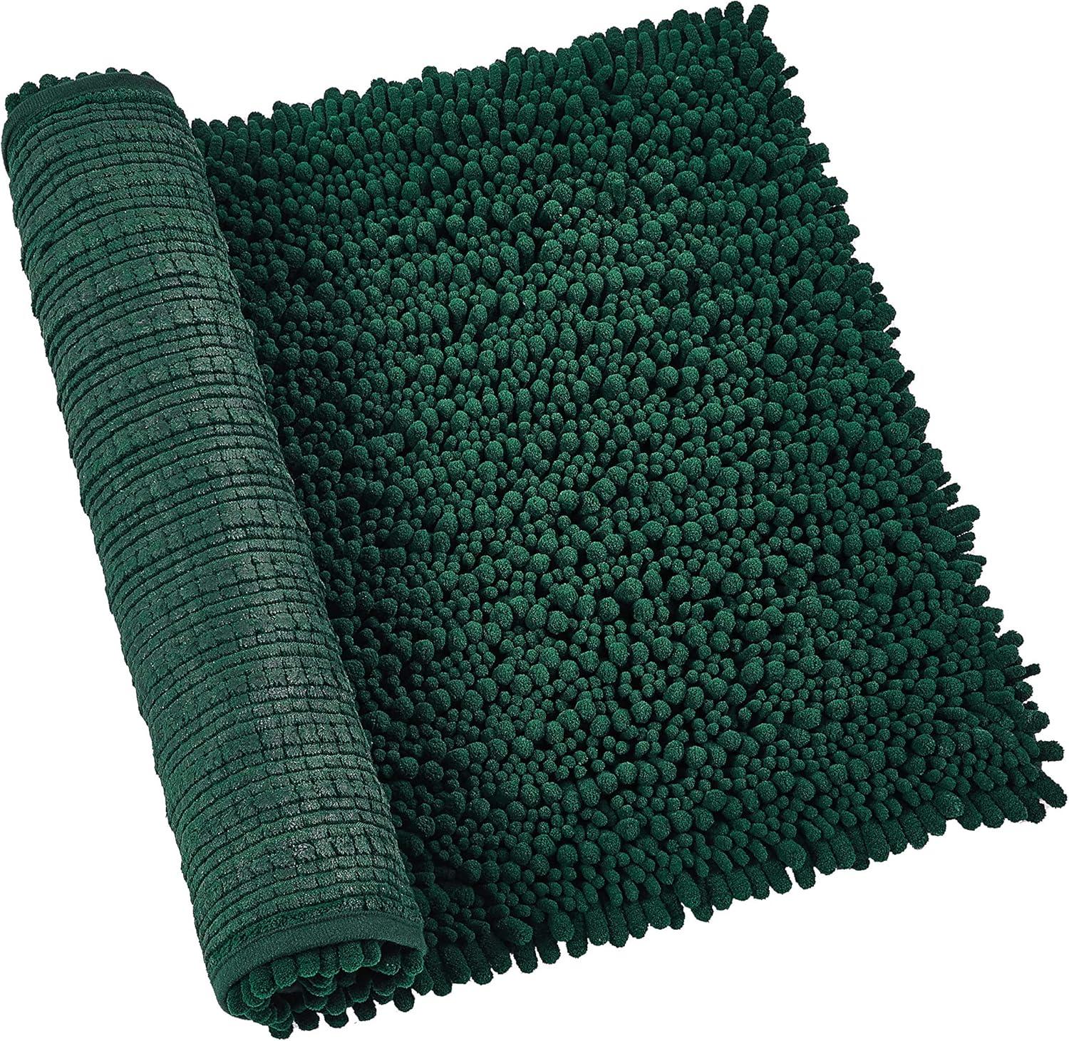 Bathroom Rug Non Slip Bath Mat (24x17 Inch Hunter Green) Water Absorbent Super Soft Shaggy Chenille Machine Washable Dry Extra Thick Perfect Absorbant Best Small Plush Carpet For Shower Floor