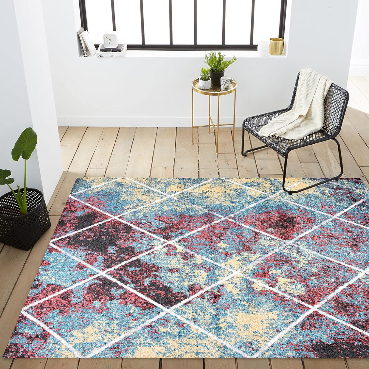 4'x6' Cole Minimalist Diamond Trellis Area Rug, Multi/White - JONATHAN Y