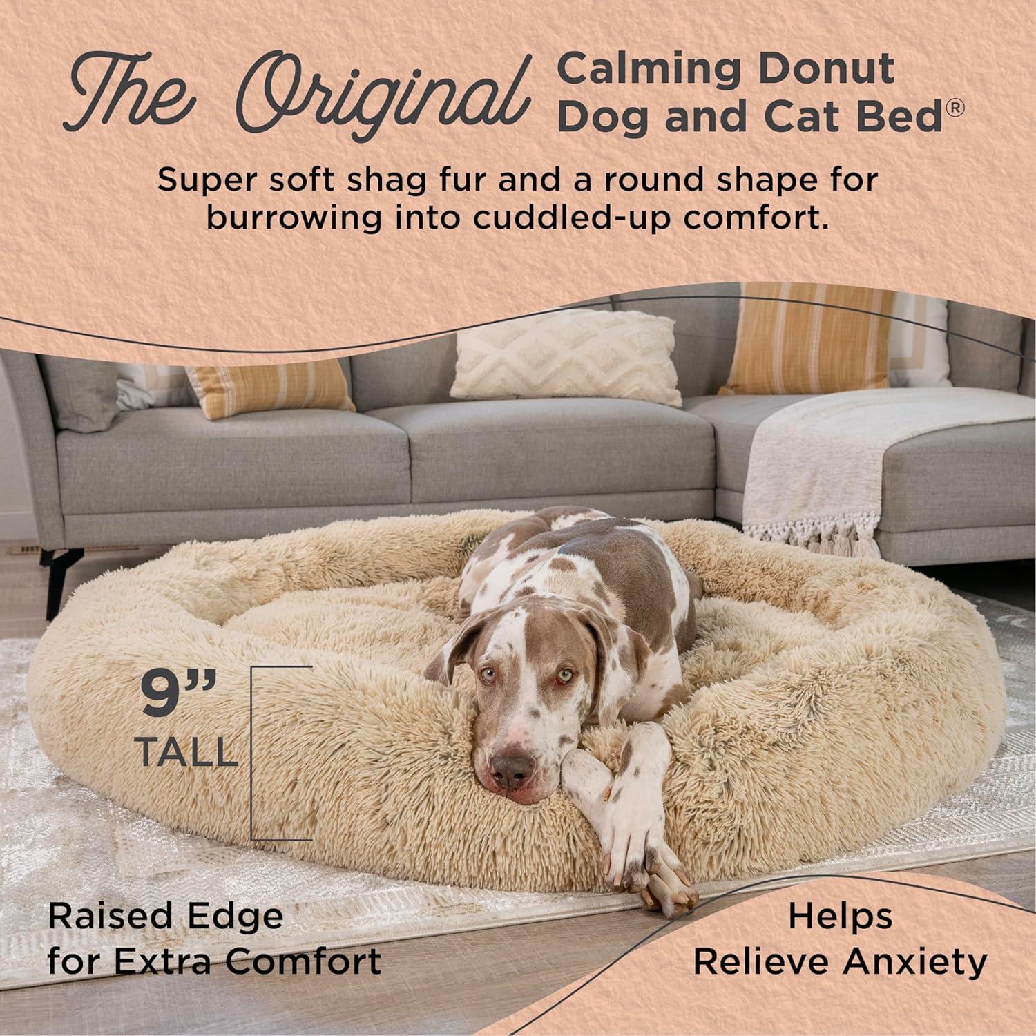 Best Friends by Sheri The Original Calming Donut Dog and Cat Bed Shag 2XL Dog Bed for Big Dogs, Taupe, 54" x 54"