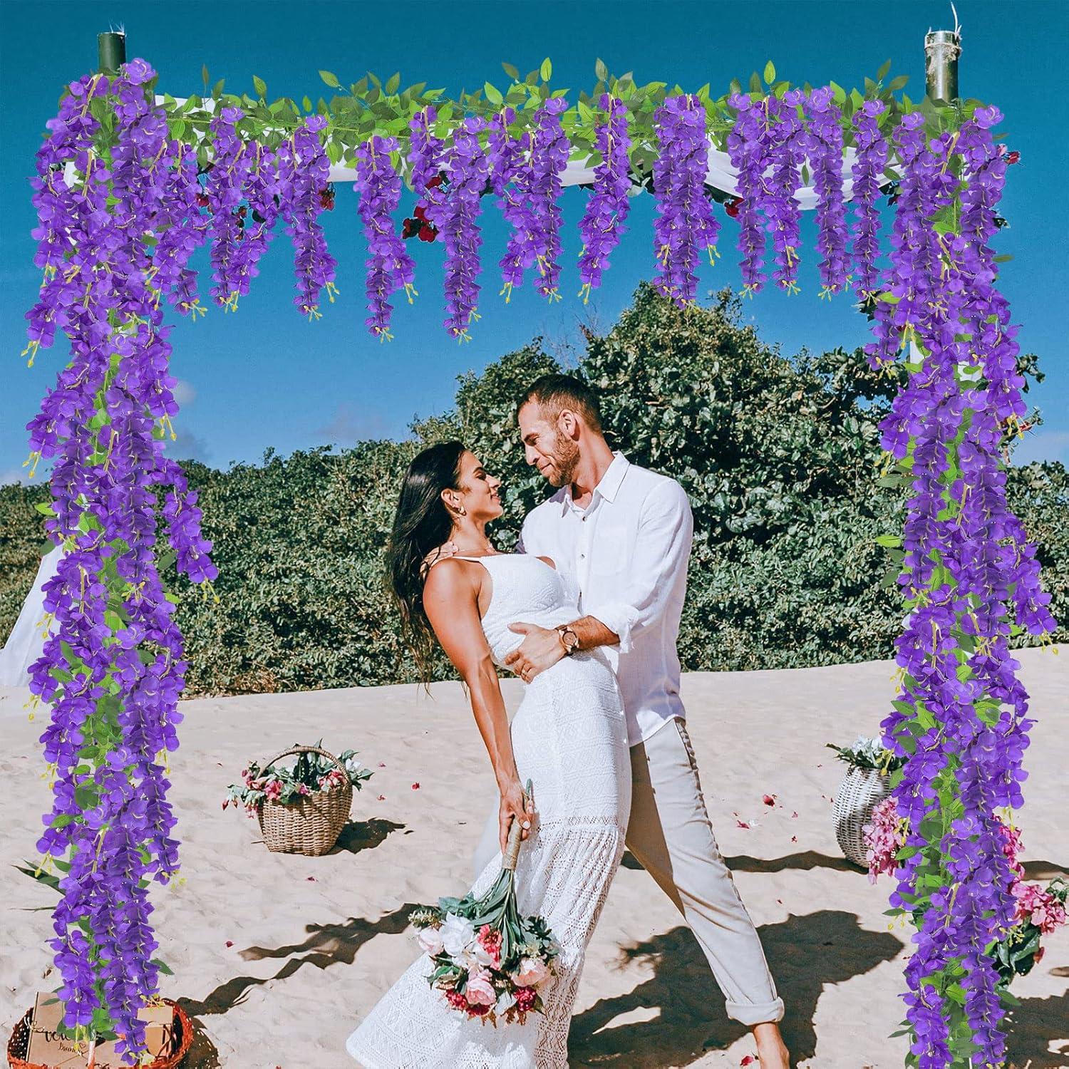 Sinhoon Wisteria Artificial Flowers Garland, 4 Pcs Total 28.8ft Artificial Wisteria Vine Silk Hanging Flower for Home Garden Outdoor Ceremony Wedding Arch Floral Decor (Light Purple)