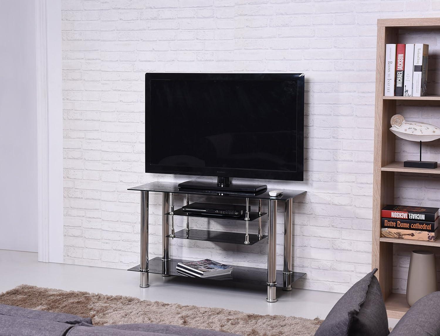 Black Tempered Glass and Metal TV Stand with Shelves