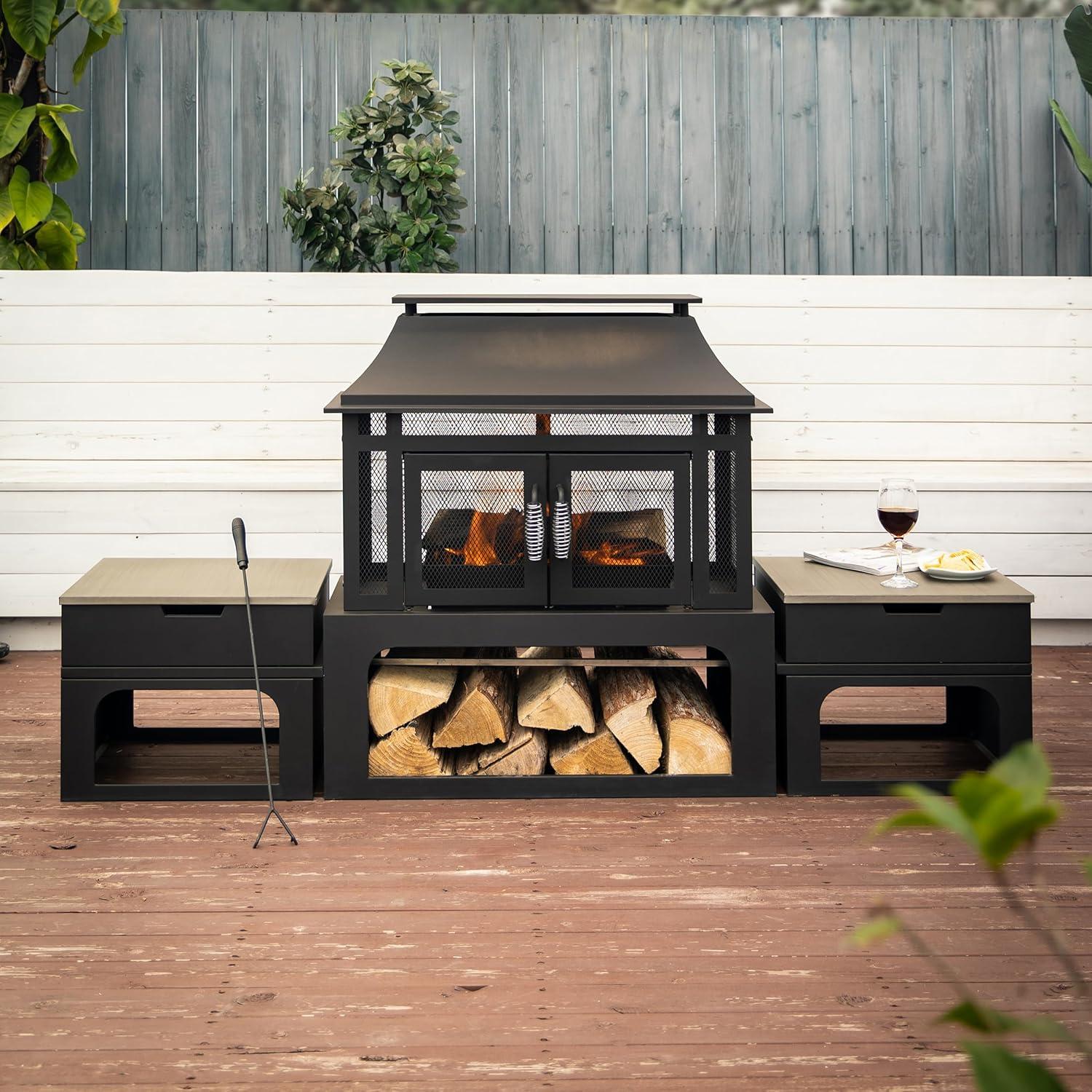 Deko Living Steel Woodburning Fireplace with Log Storage Compartment & Side Tables