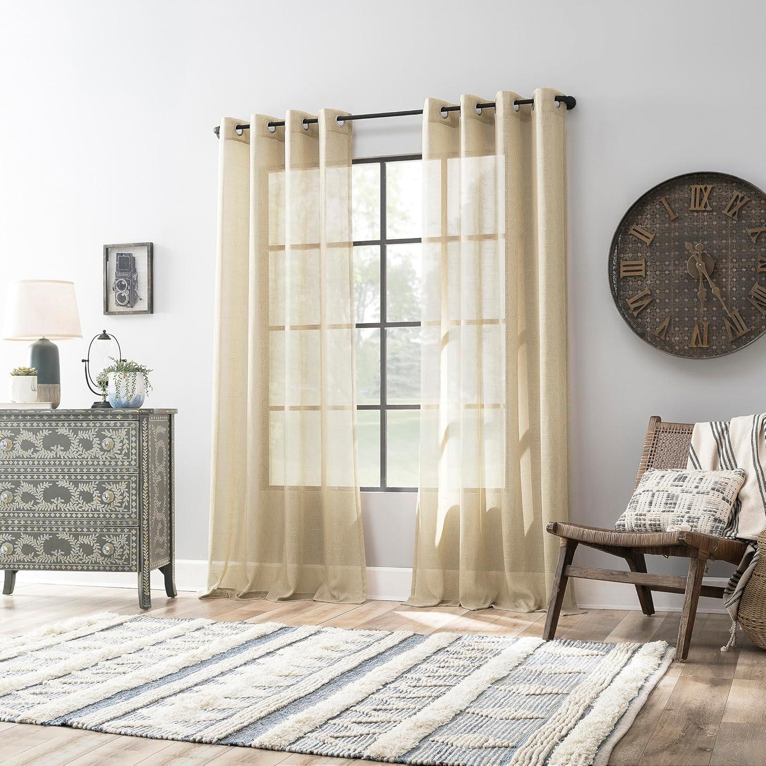 52"x63" Archaeo Light Filtering Slub Textured Linen Blend Grommet Top Curtain Panel Sand: Modern Indoor Decor