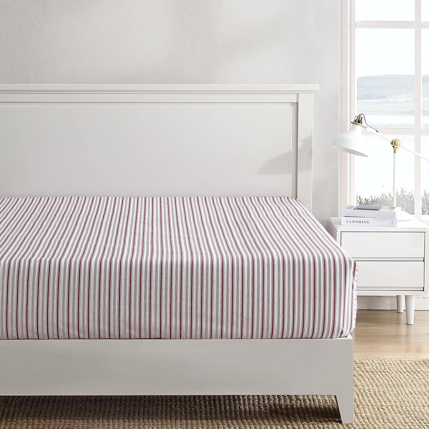 Queen Red Stripe Cotton Percale Fitted Sheet