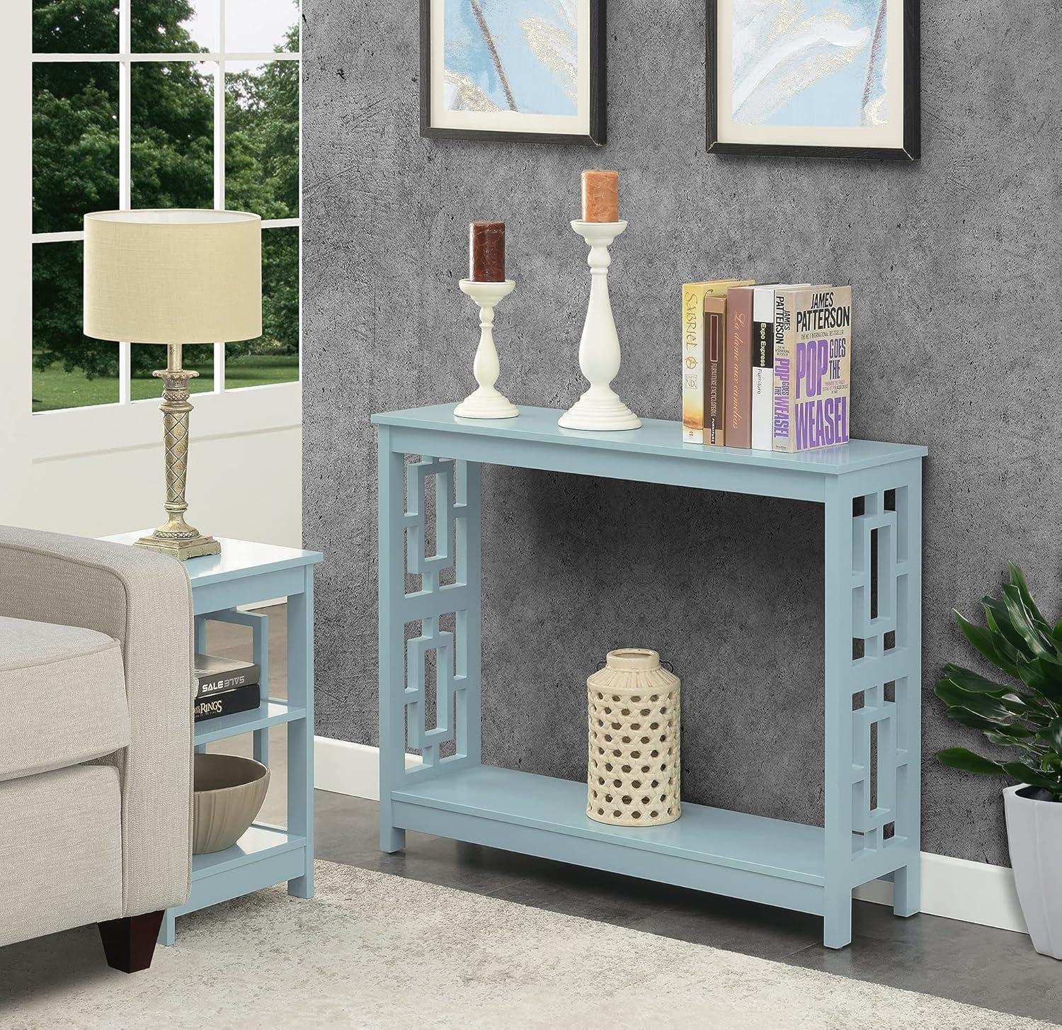 Sea Foam Blue Wood Console Table with Storage Shelf