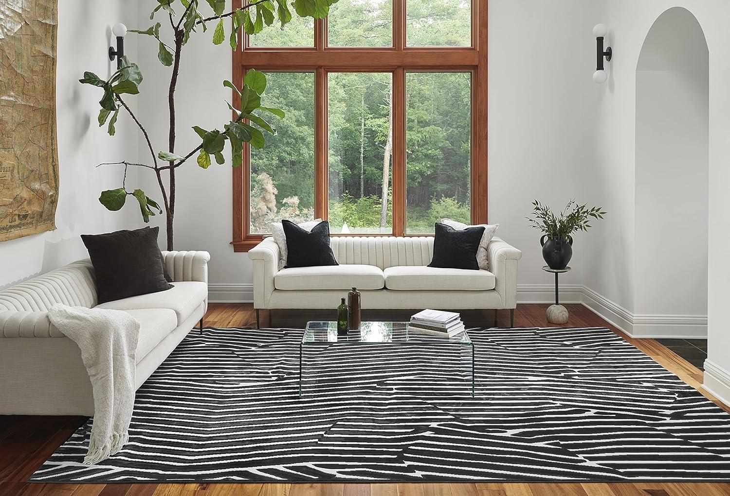 Black Geometric Wool and Synthetic Stain-Resistant Area Rug