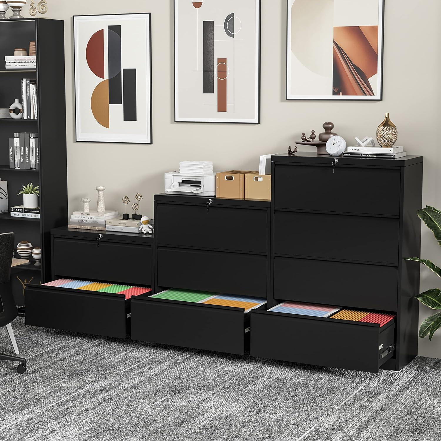 Black Metal 2-Drawer Lockable Lateral Filing Cabinet