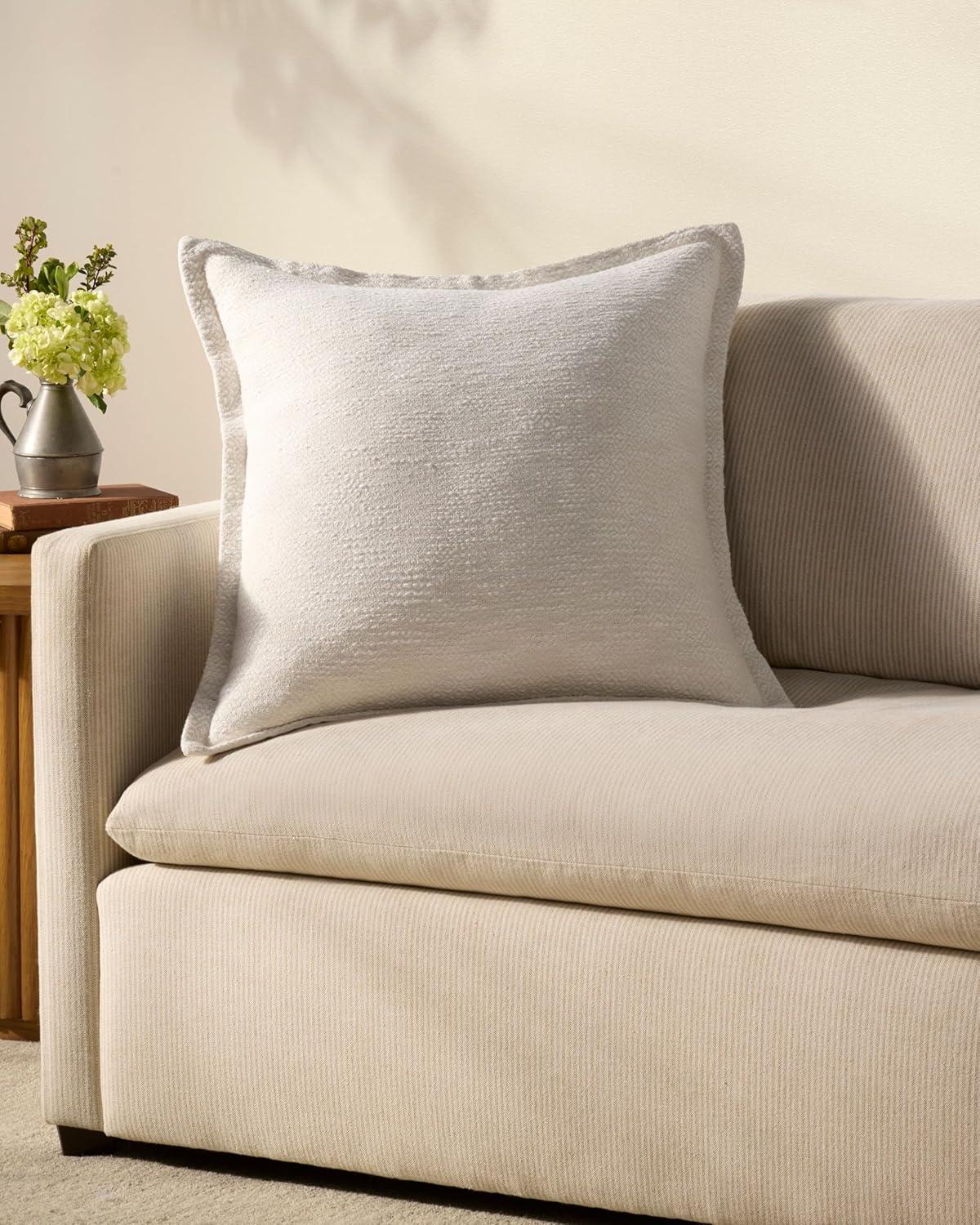 Ivory Cotton Textured Throw Pillow with Flange Edges, 22'' x 22''